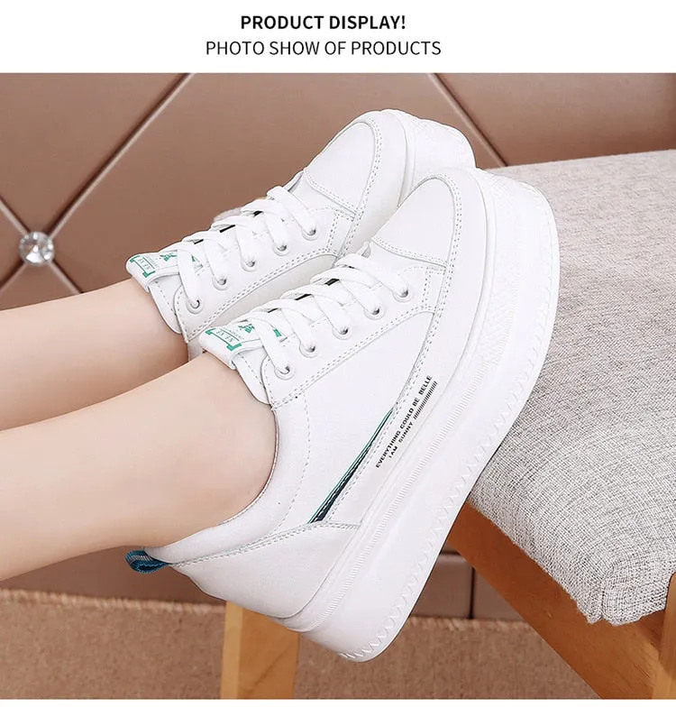 7cm Microfiber Leather Women Casual Shoes White Platform Wedge Hidden Heel Shoes White Shoes Chunky Sneakers Skateboard