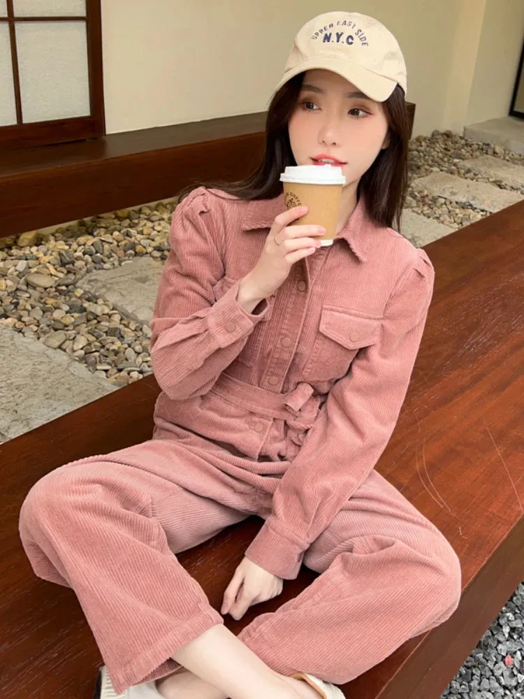 Ashore Shop Pink Corduroy Jumpsuit for Women   Spring Autumn   Loose Long Sleeve One Piece Pants Set