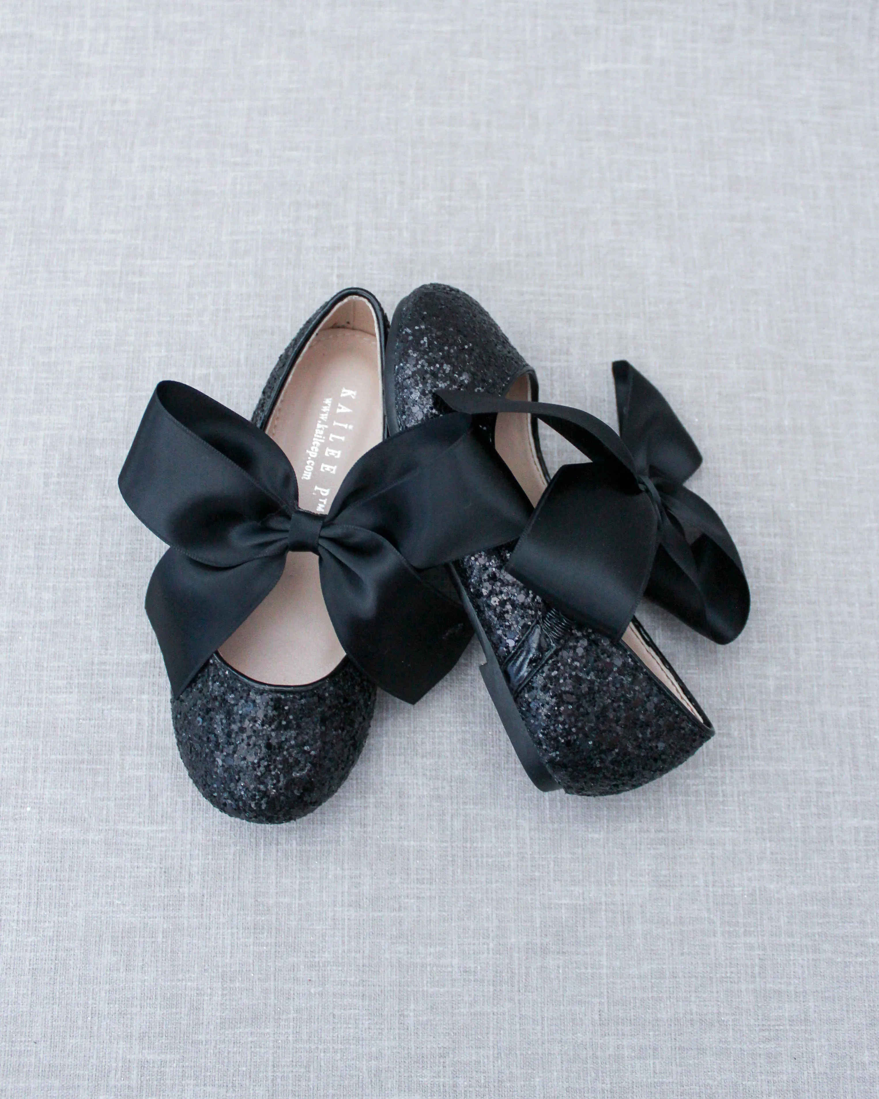 Black Rock Glitter Mary Jane Ballet Flats with Satin Bow