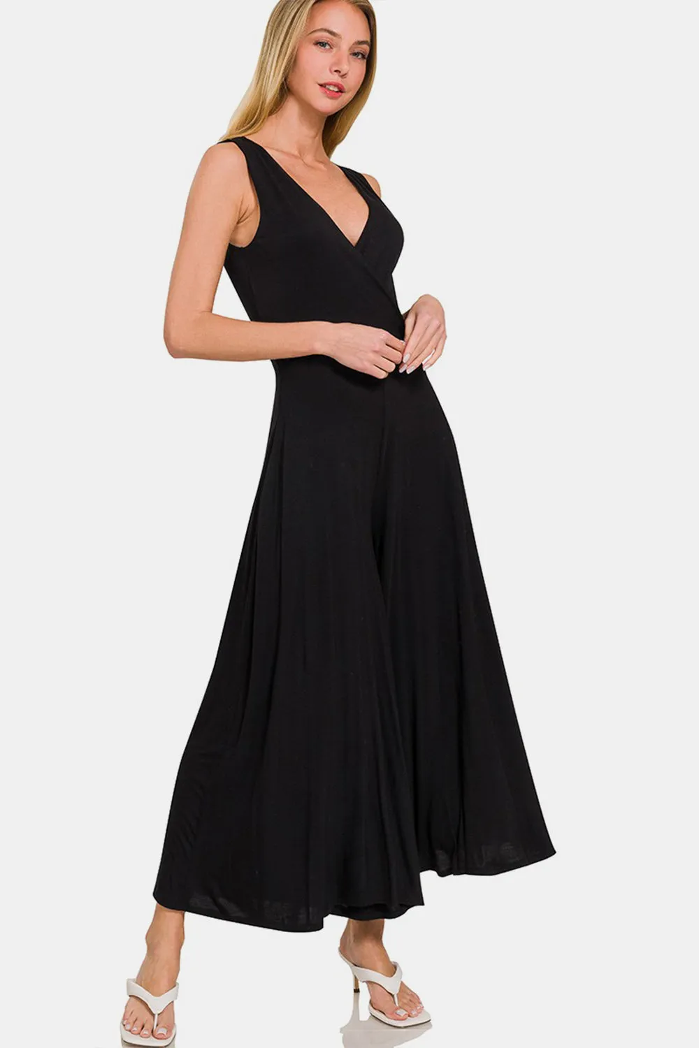 Black Surplice Neckline Sleeveless Jumpsuit