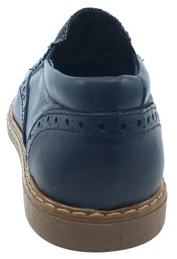 BluBlonc Boy's & Girl's Navy Leather with Linen Textile Middle Moc Oxford Shoe