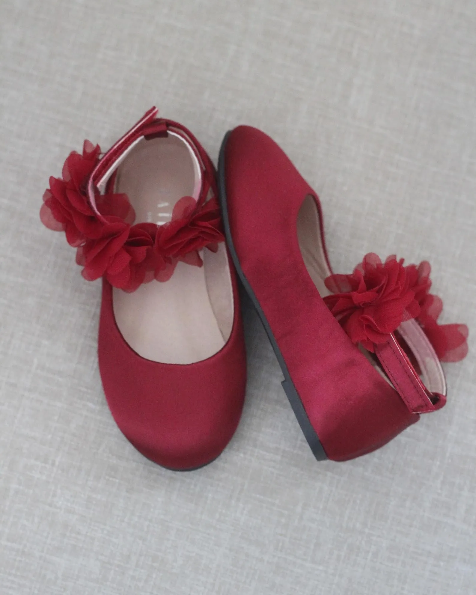 Burgundy Satin Flats with Chiffon Flowers Ankle Strap