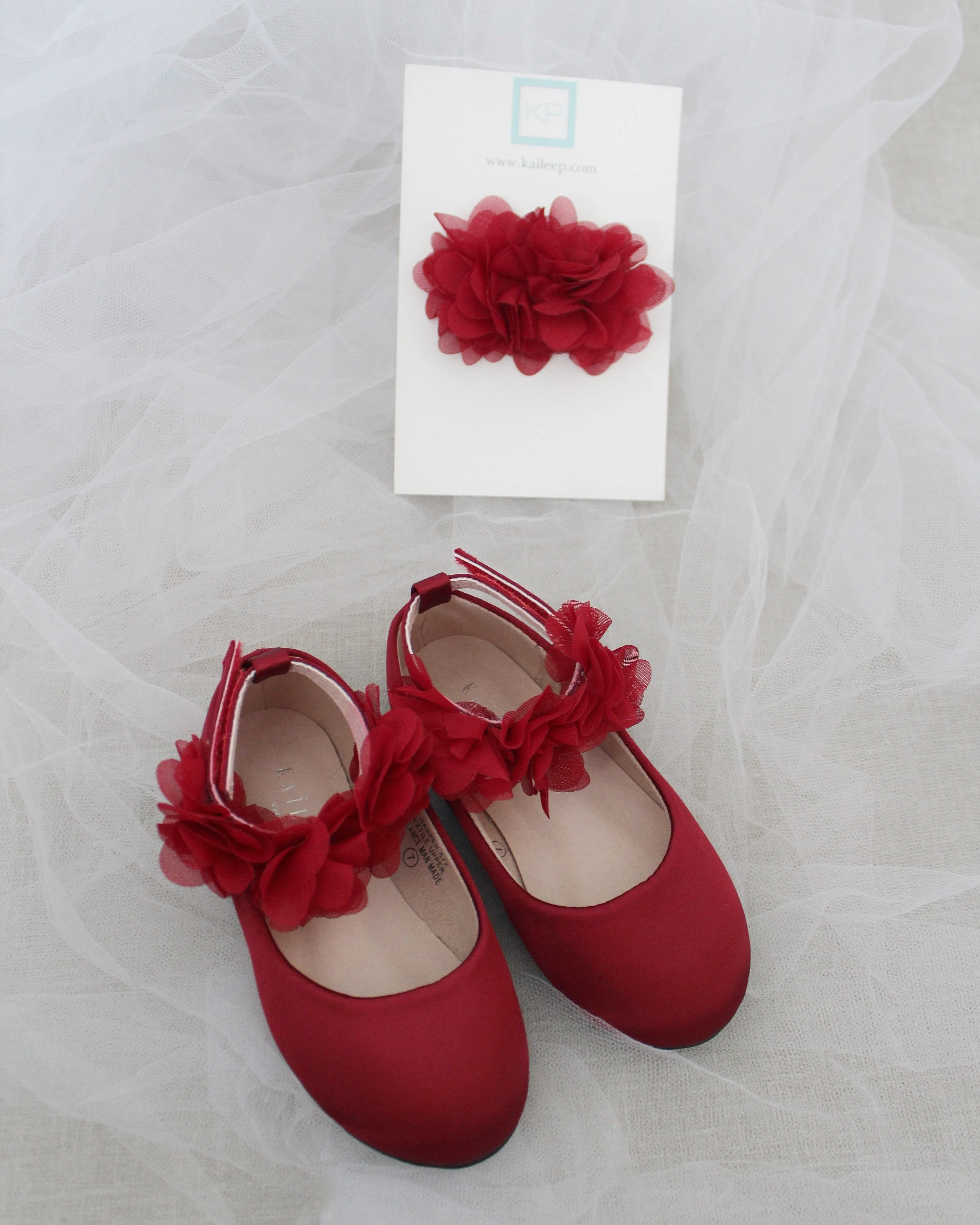 Burgundy Satin Flats with Chiffon Flowers Ankle Strap