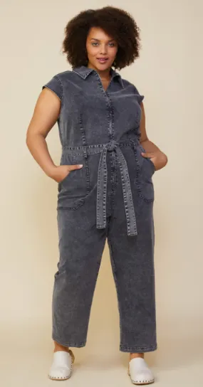 Celia Zip Up Denim Jumpsuit in Black