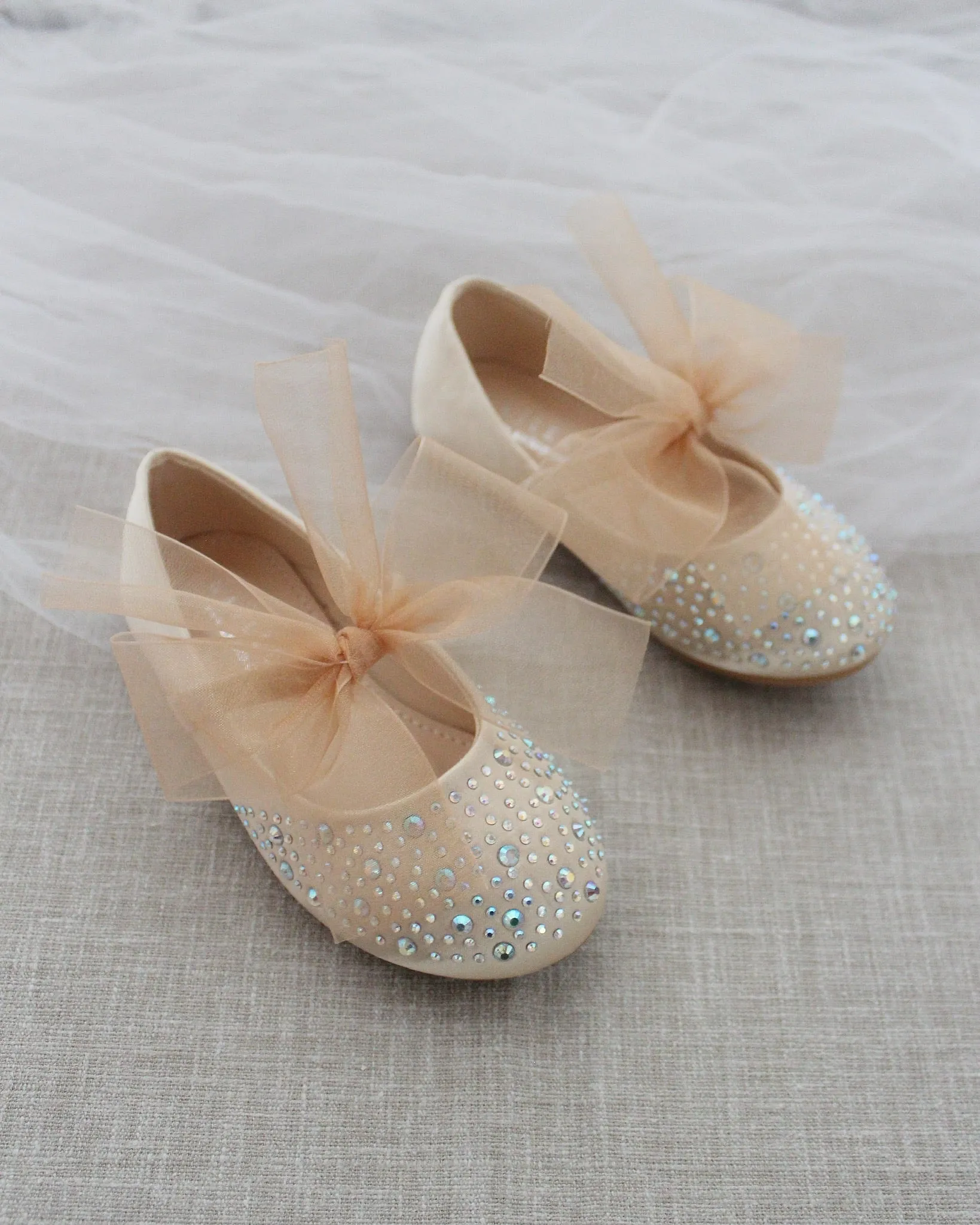 Champagne Satin Mary Jane Flats with Rhinestones Embellishment and Champagne Chiffon Bow