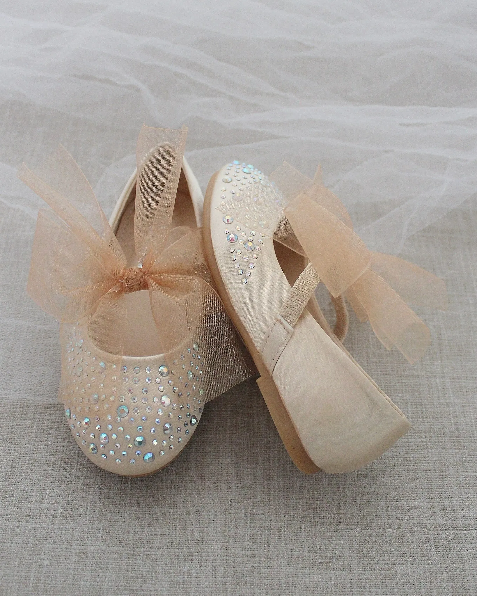 Champagne Satin Mary Jane Flats with Rhinestones Embellishment and Champagne Chiffon Bow