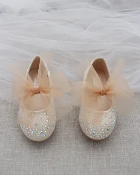 Champagne Satin Mary Jane Flats with Rhinestones Embellishment and Champagne Chiffon Bow