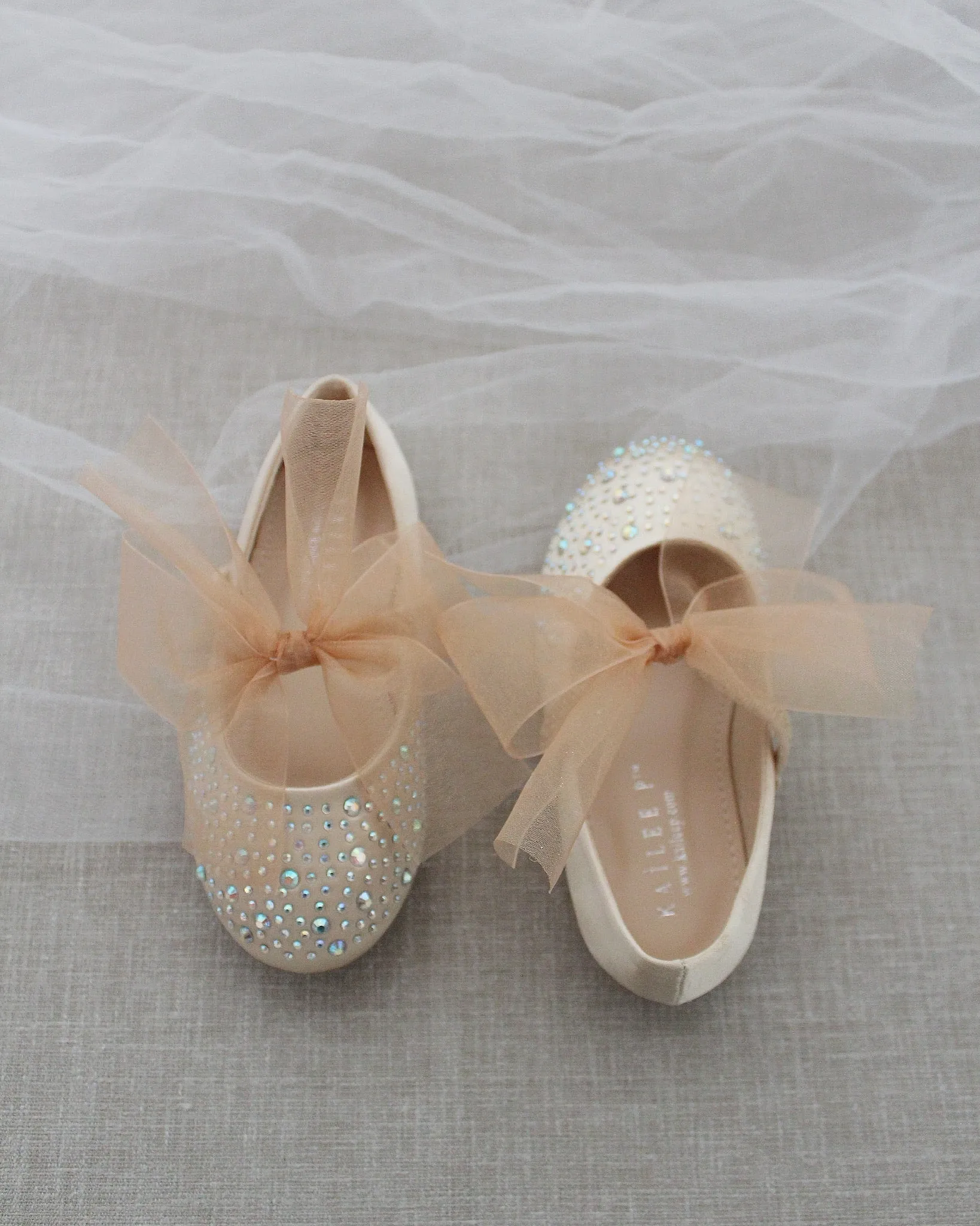 Champagne Satin Mary Jane Flats with Rhinestones Embellishment and Champagne Chiffon Bow