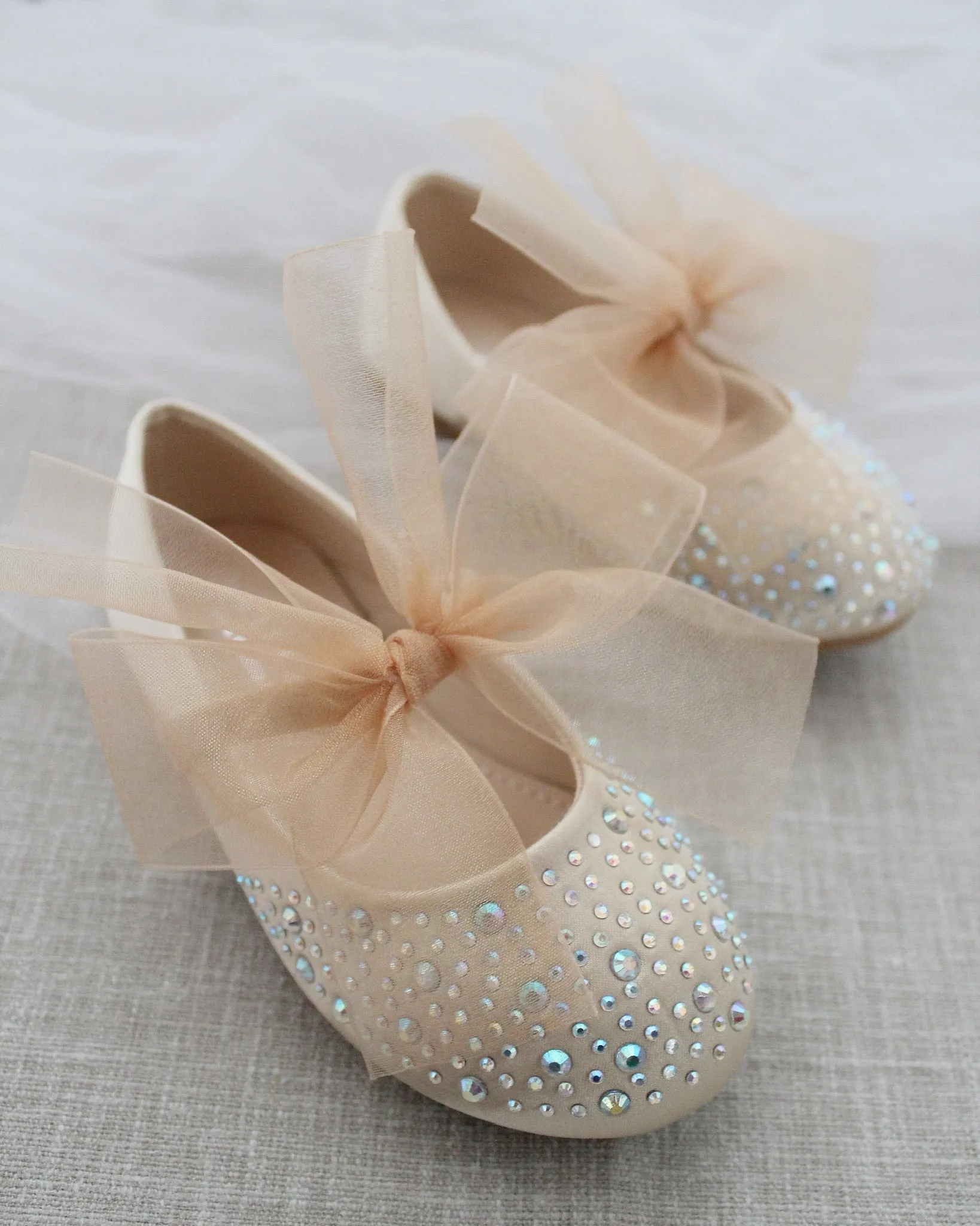 Champagne Satin Mary Jane Flats with Rhinestones Embellishment and Champagne Chiffon Bow