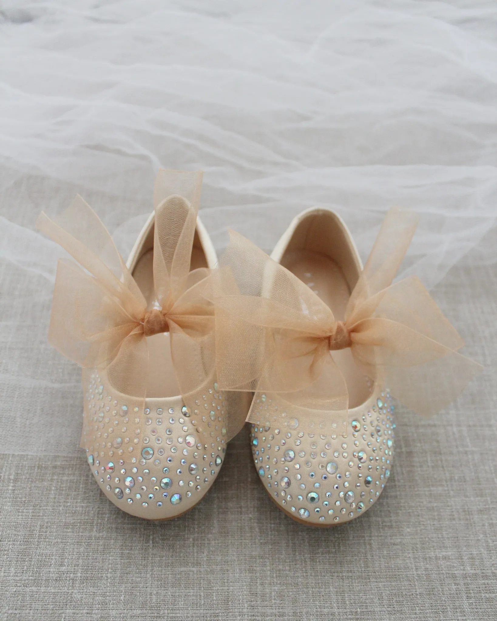 Champagne Satin Mary Jane Flats with Rhinestones Embellishment and Champagne Chiffon Bow