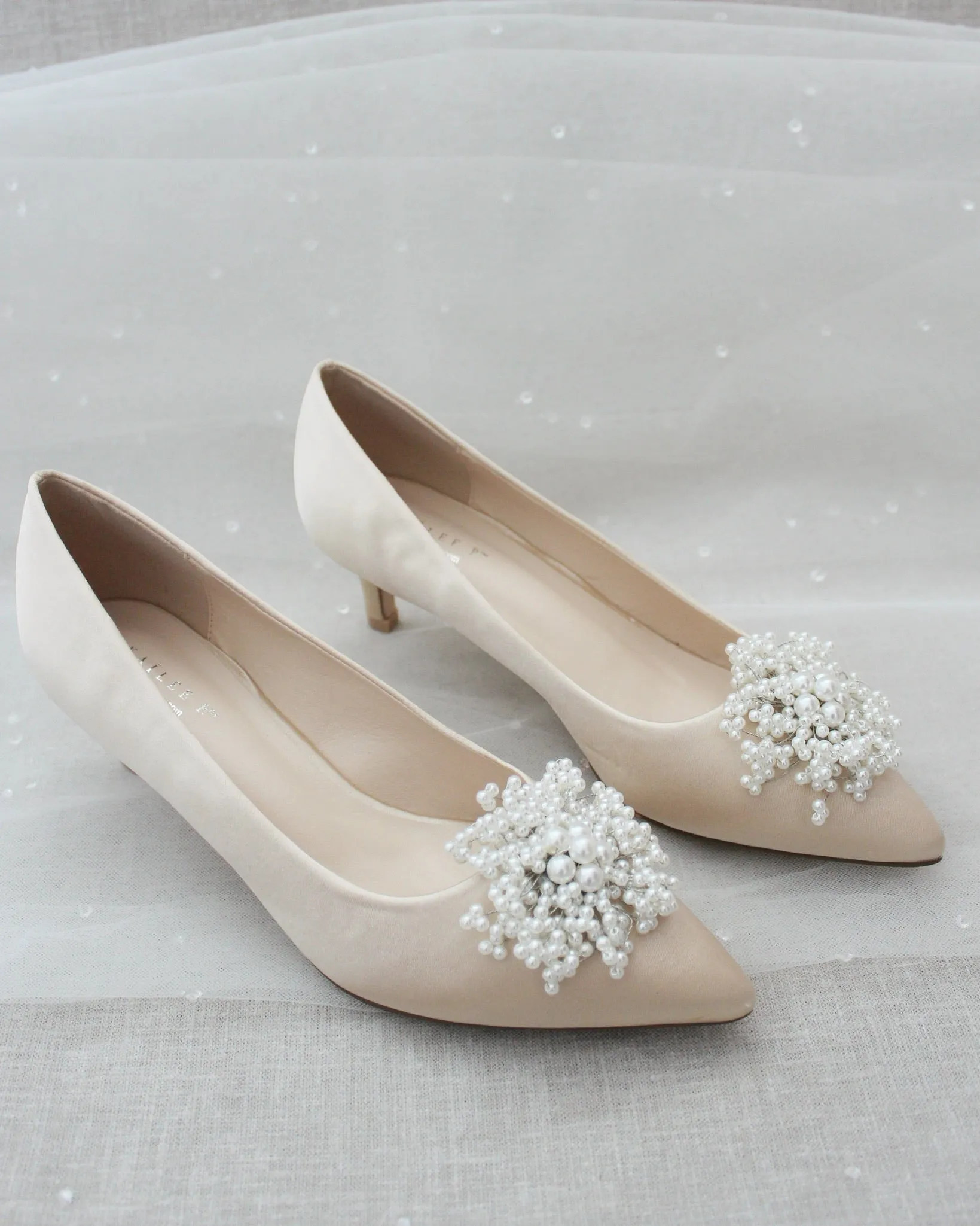 Champagne Satin Pointy Toe Kitten Heel with Mini Pearls Brooch