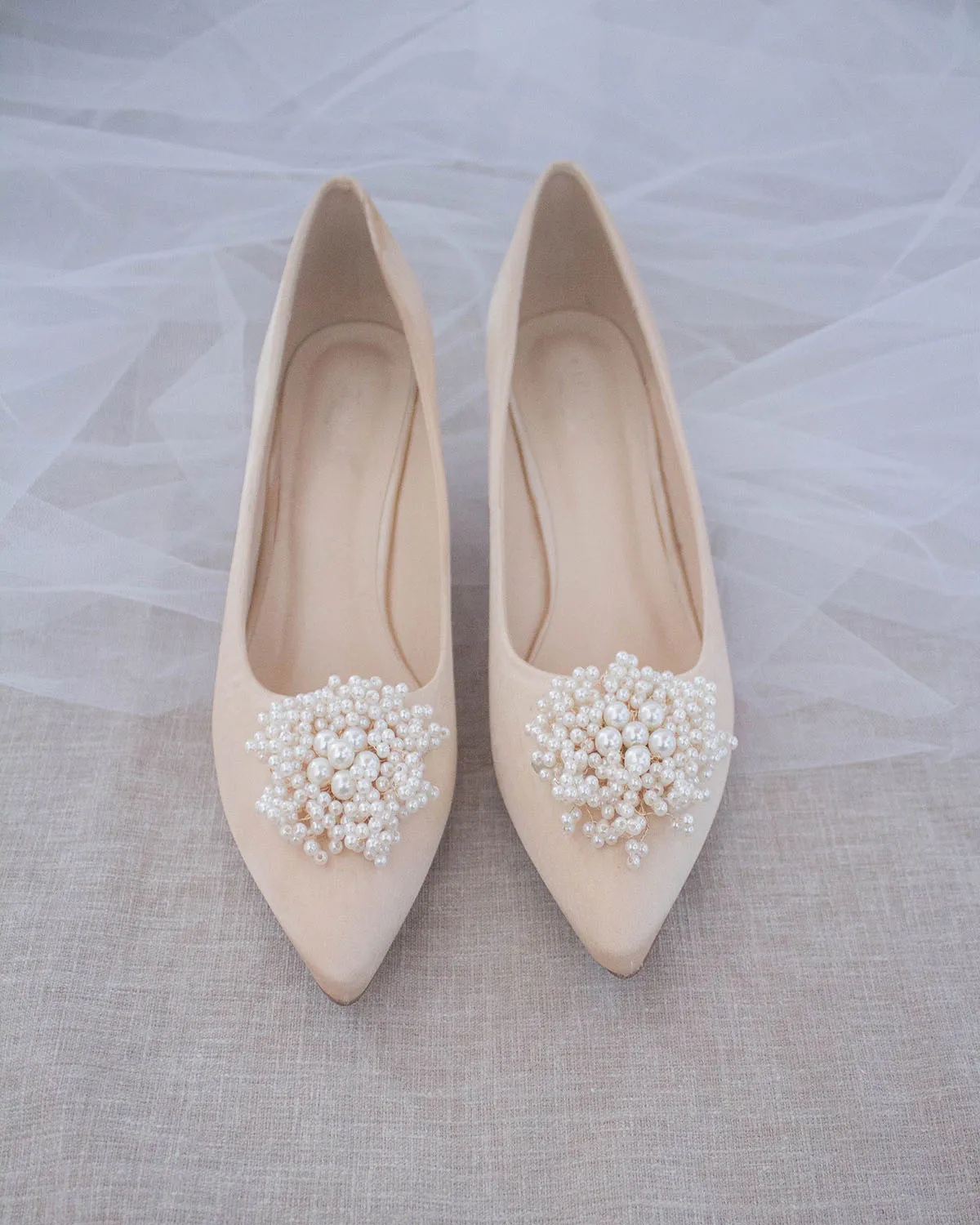 Champagne Satin Pointy Toe Kitten Heel with Mini Pearls Brooch