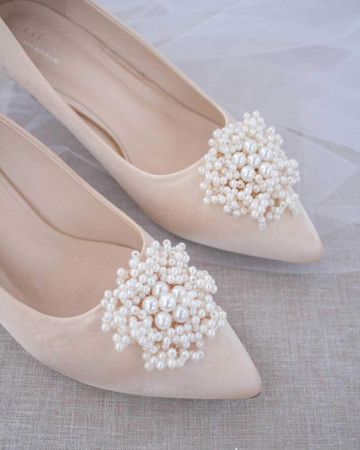 Champagne Satin Pointy Toe Kitten Heel with Mini Pearls Brooch