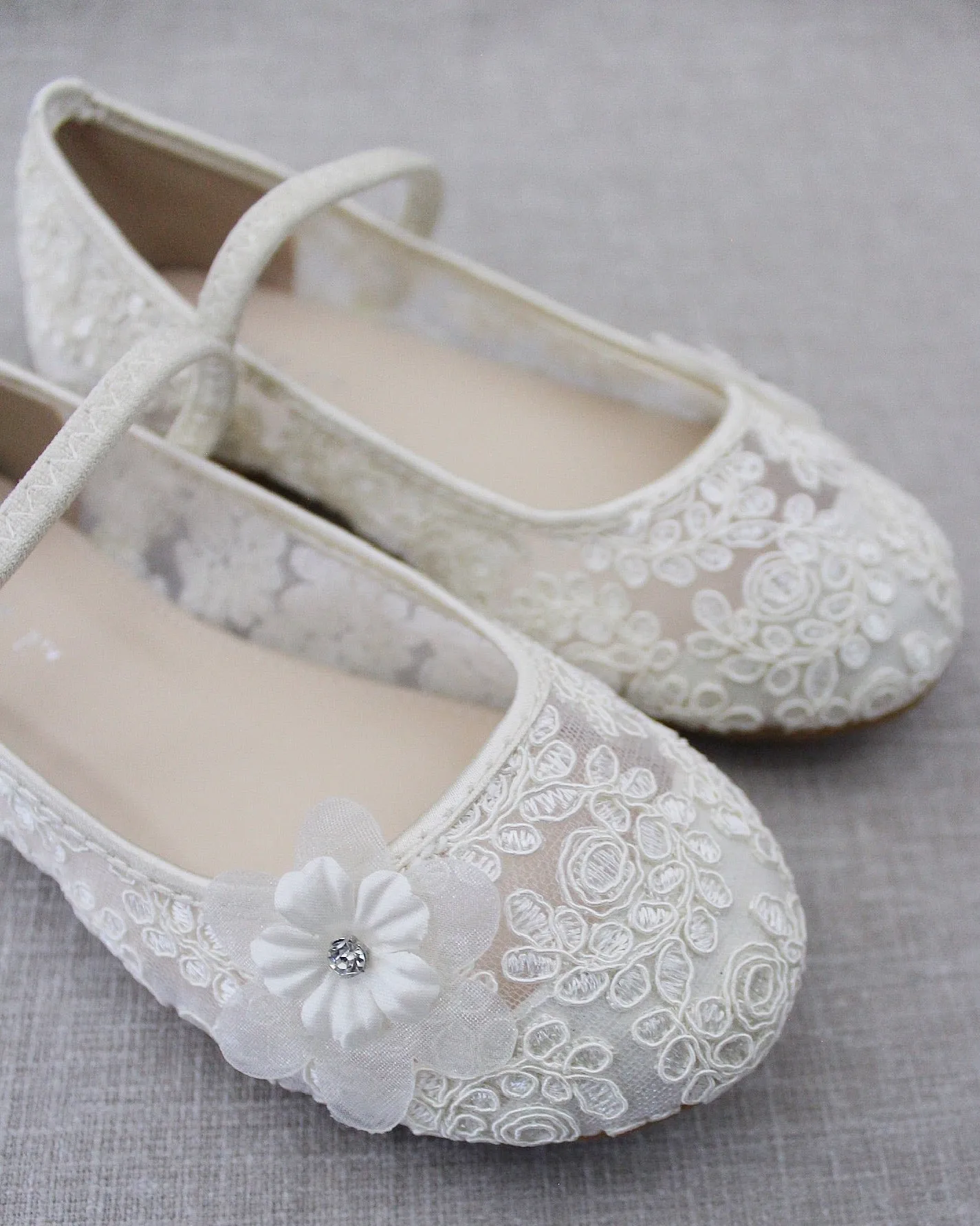 Crochet Lace Mary Jane Flats with Flower Applique