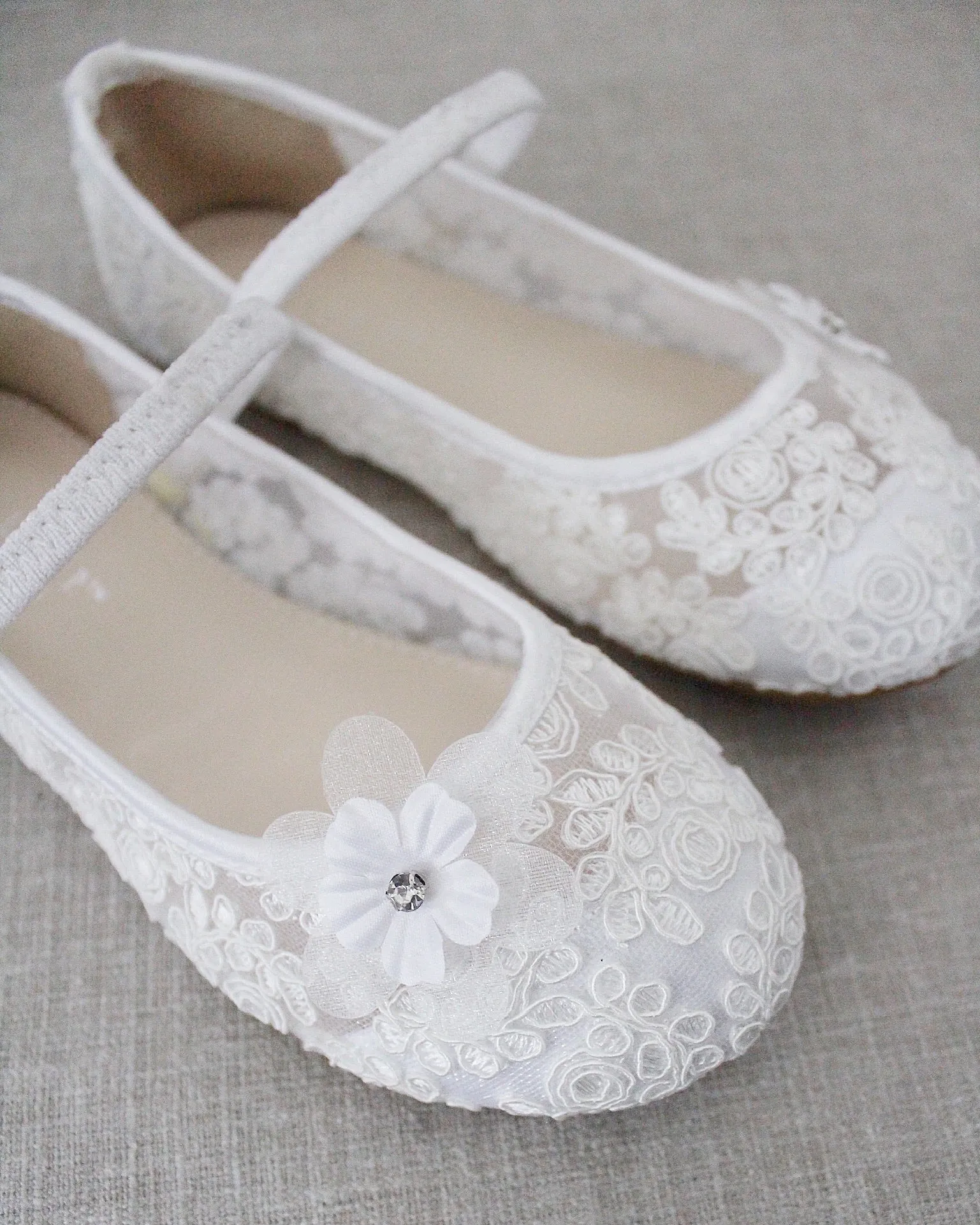 Crochet Lace Mary Jane Flats with Flower Applique