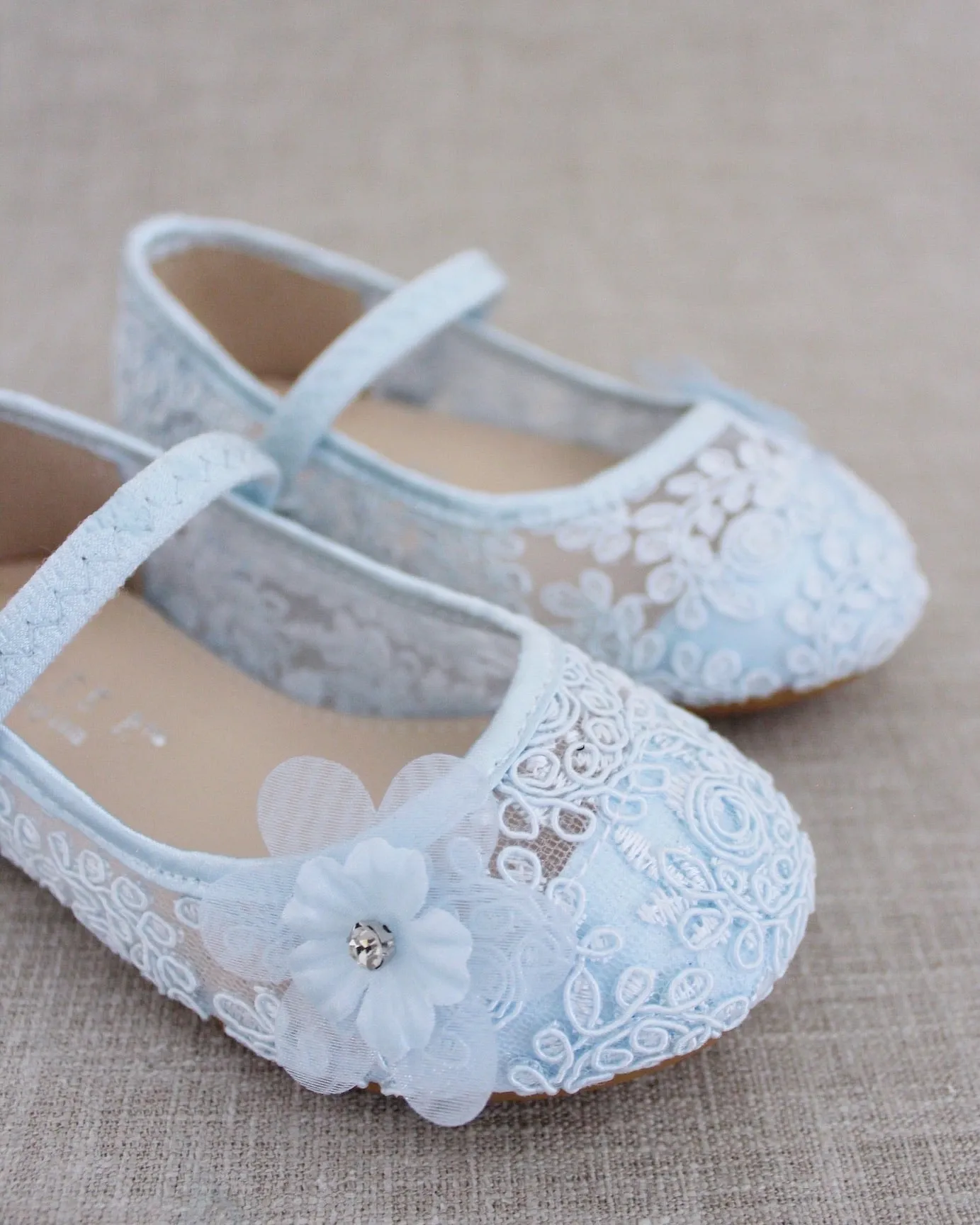 Crochet Lace Mary Jane Flats with Flower Applique