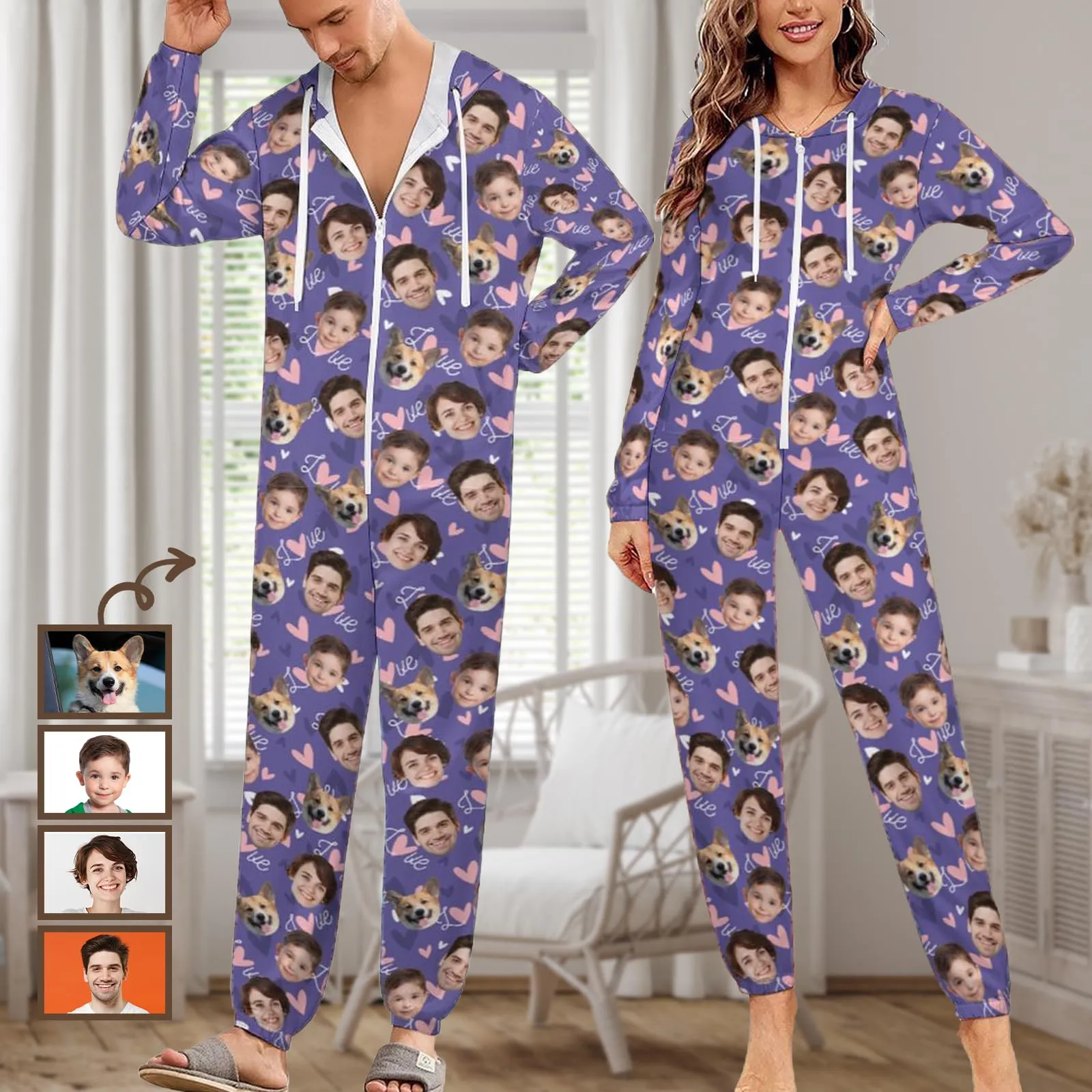 Custom Face Love Heart Unisex Adult Hooded Onesie Jumpsuits with Pocket Personalized Zip One-piece Pajamas