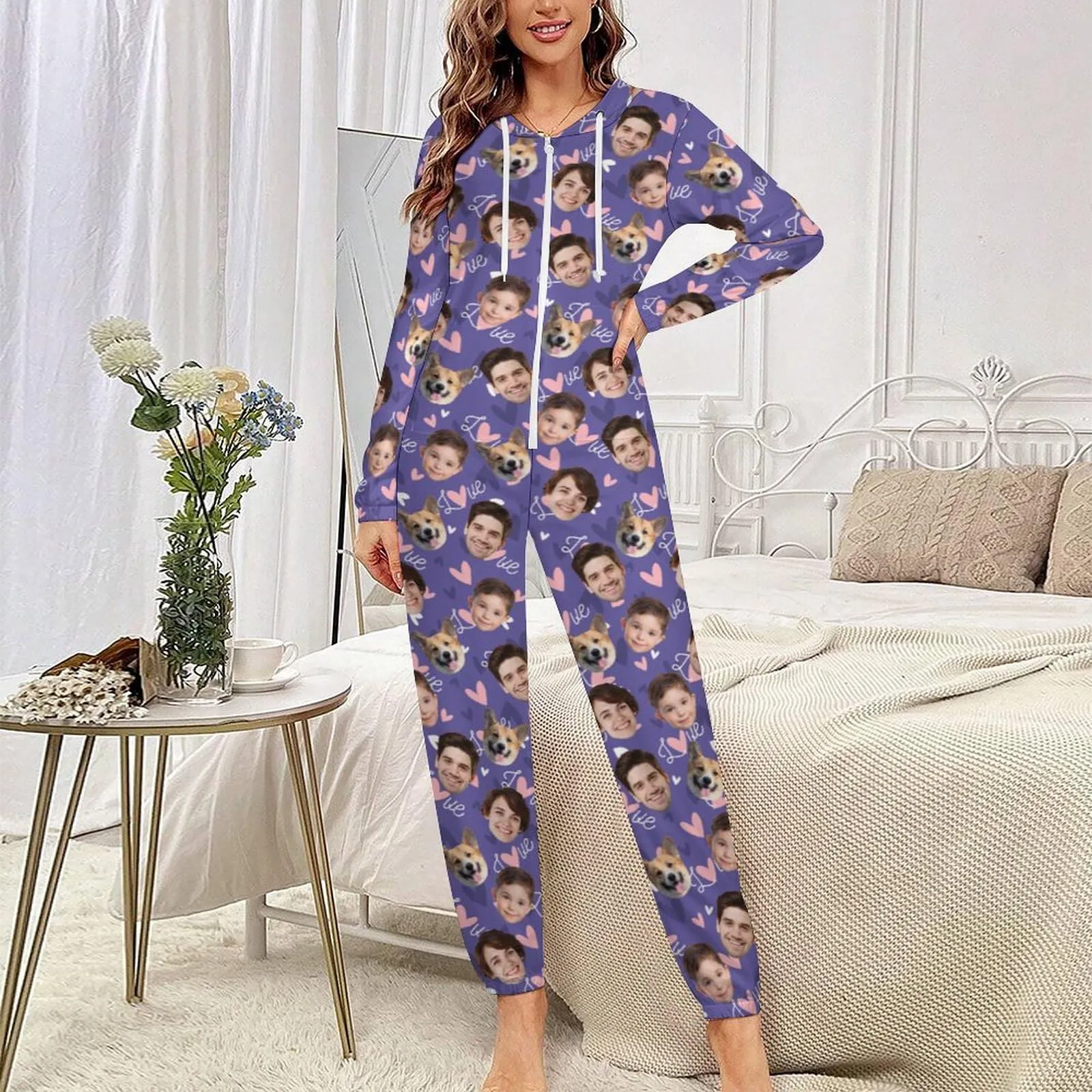 Custom Face Love Heart Unisex Adult Hooded Onesie Jumpsuits with Pocket Personalized Zip One-piece Pajamas