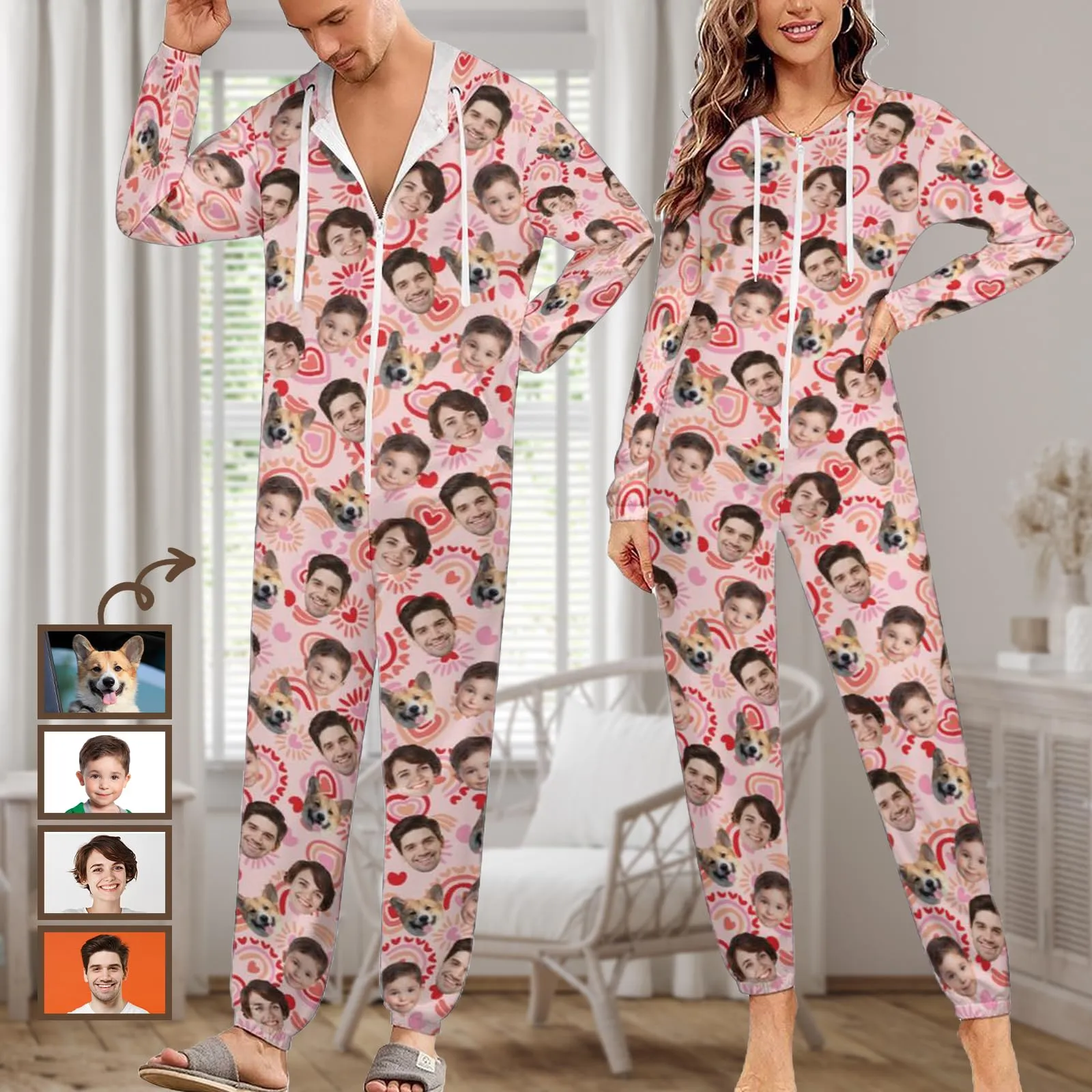 Custom Face Love Heart Unisex Adult Hooded Onesie Jumpsuits with Pocket Personalized Zip One-piece Pajamas