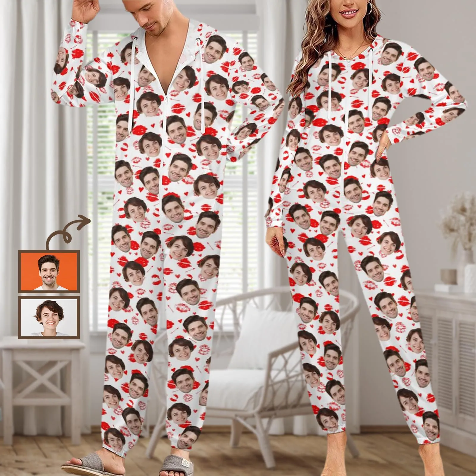 Custom Face Love Heart Unisex Adult Hooded Onesie Jumpsuits with Pocket Personalized Zip One-piece Pajamas