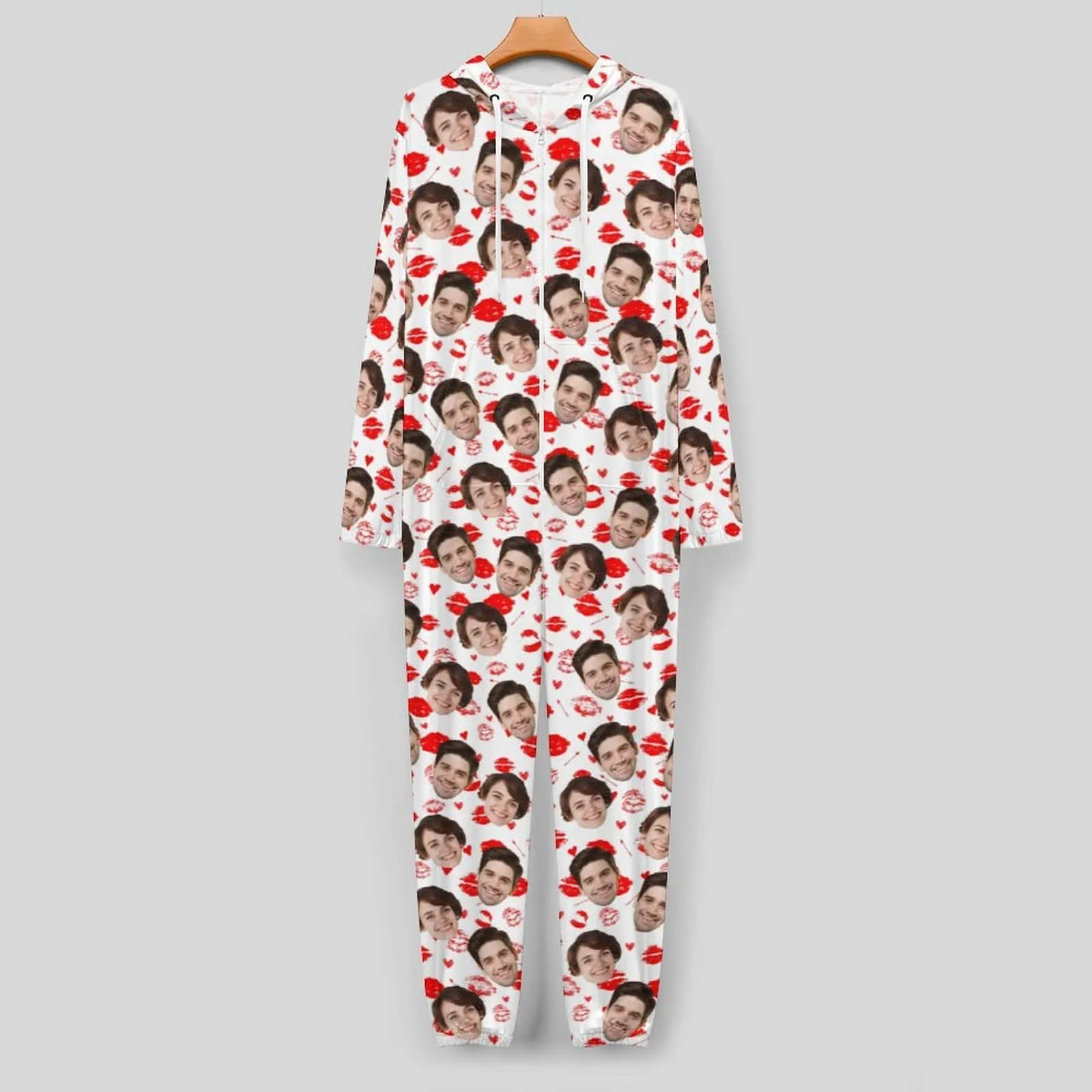 Custom Face Love Heart Unisex Adult Hooded Onesie Jumpsuits with Pocket Personalized Zip One-piece Pajamas