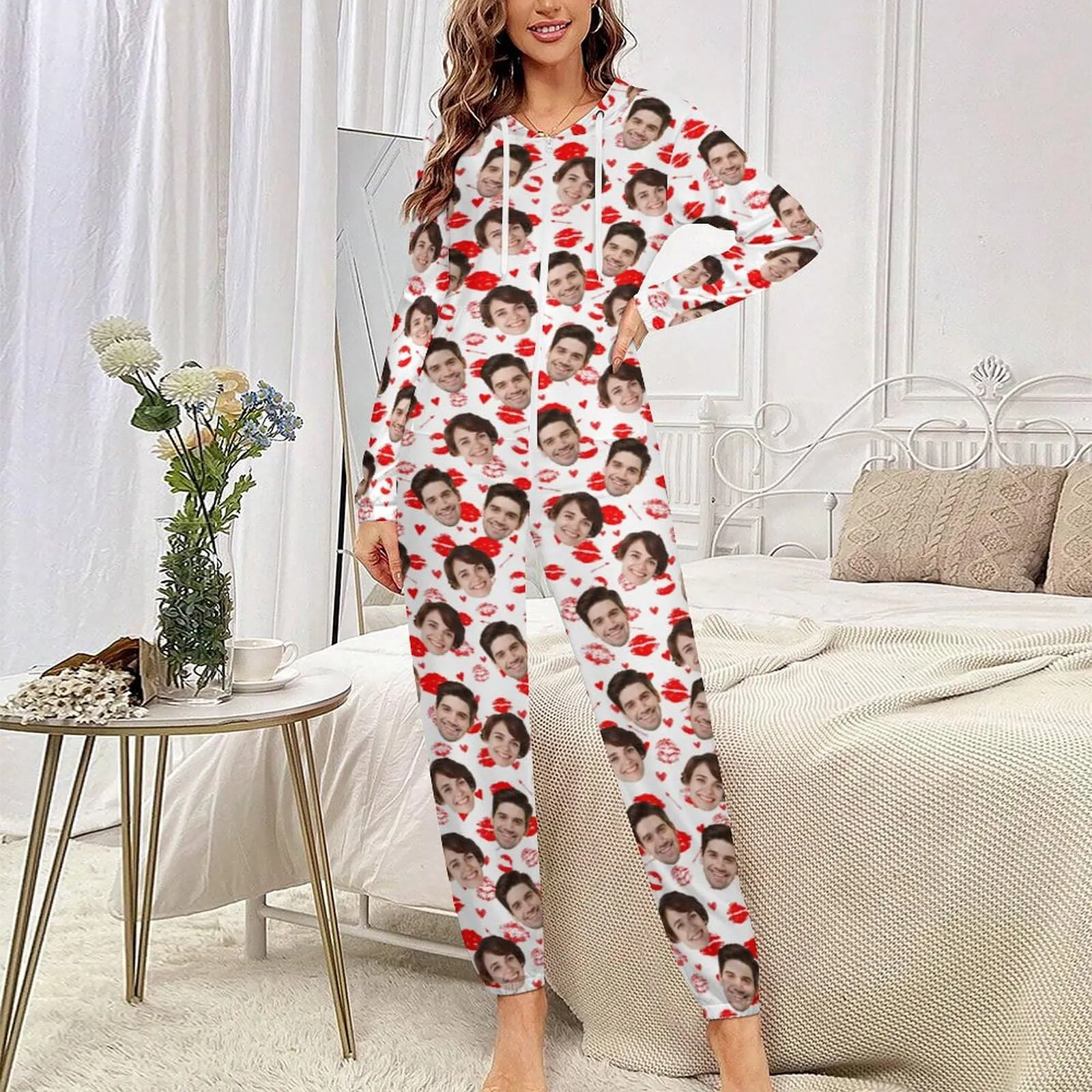 Custom Face Love Heart Unisex Adult Hooded Onesie Jumpsuits with Pocket Personalized Zip One-piece Pajamas