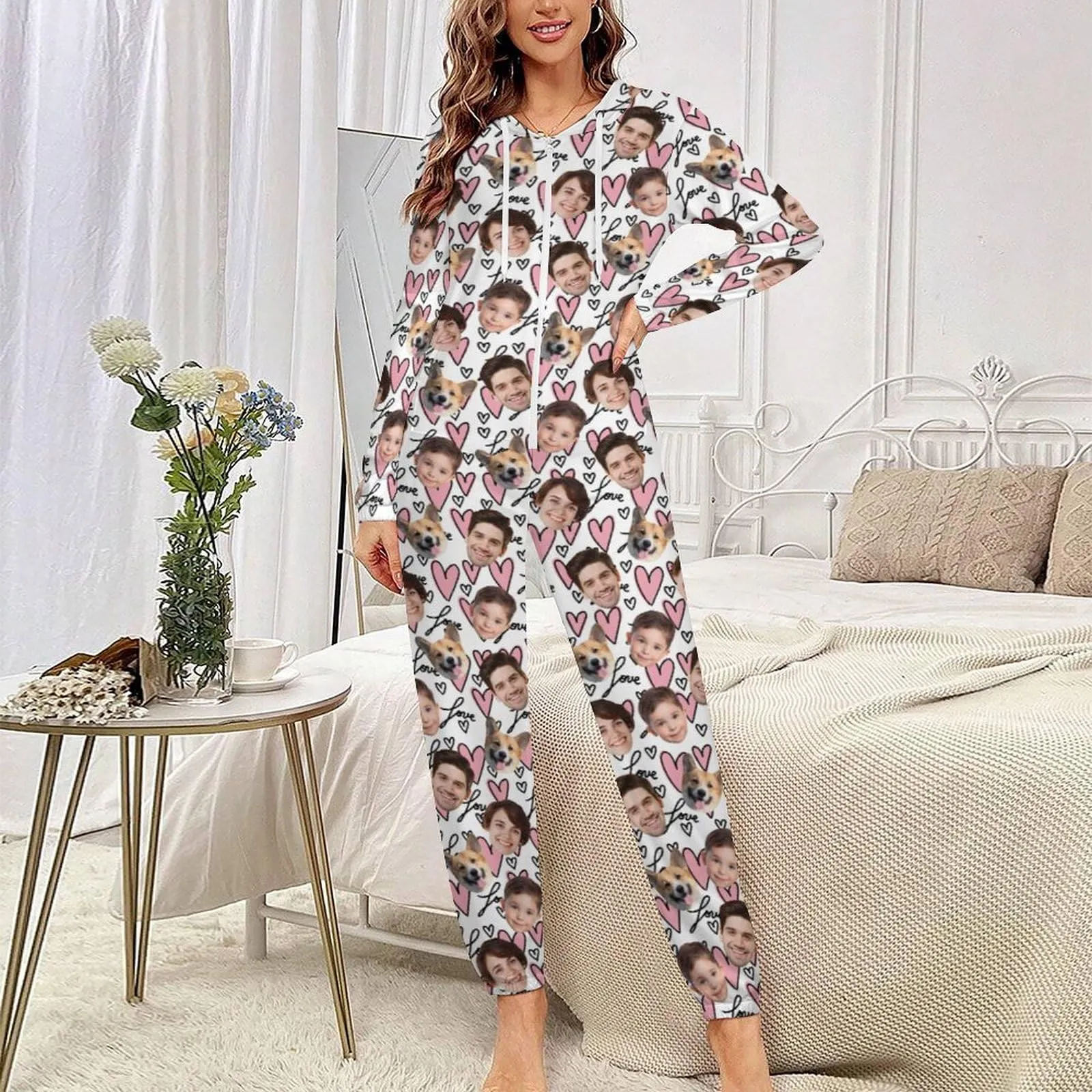 Custom Face Love Heart Unisex Adult Hooded Onesie Jumpsuits with Pocket Personalized Zip One-piece Pajamas