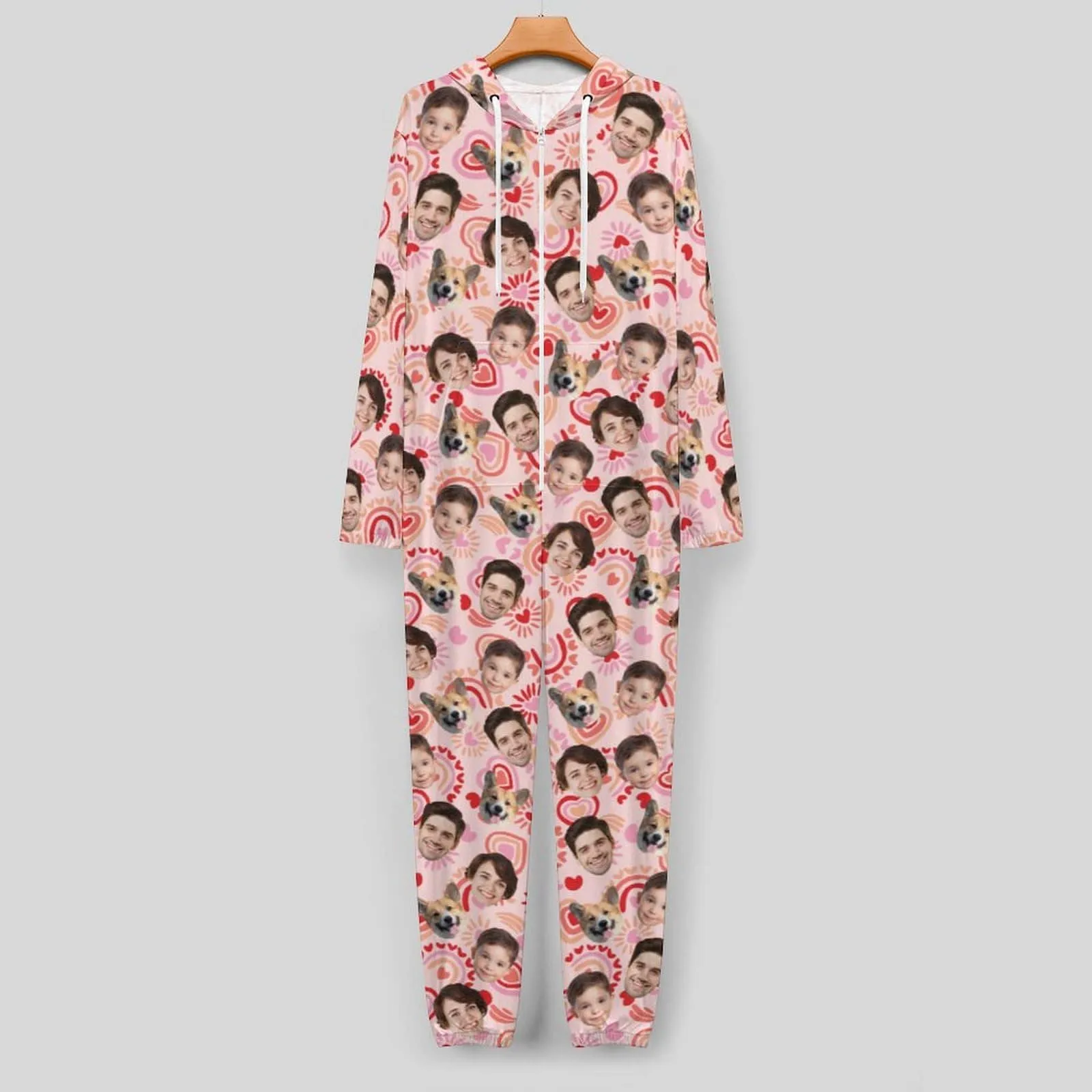 Custom Face Love Heart Unisex Adult Hooded Onesie Jumpsuits with Pocket Personalized Zip One-piece Pajamas