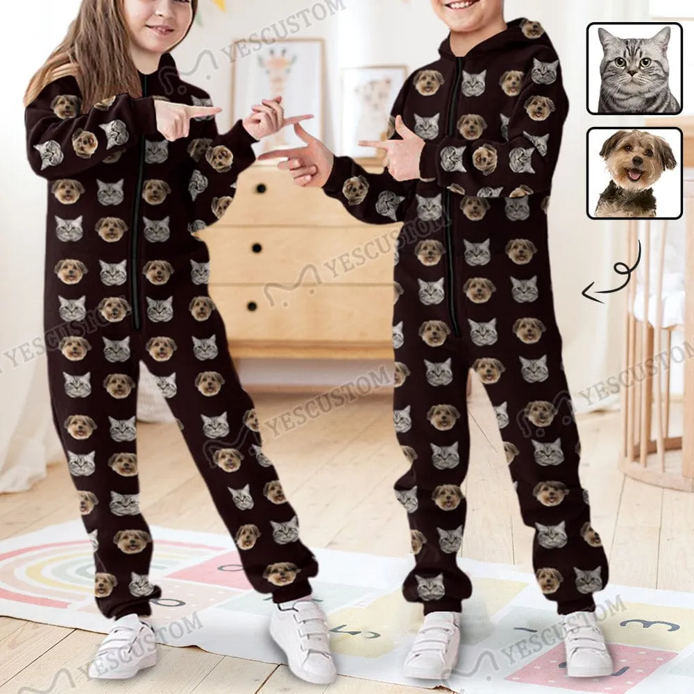 Custom Pet Face Unisex Jumpsuits Zip Up Hoodie Onesie with Pockets for Kids Boys Girls