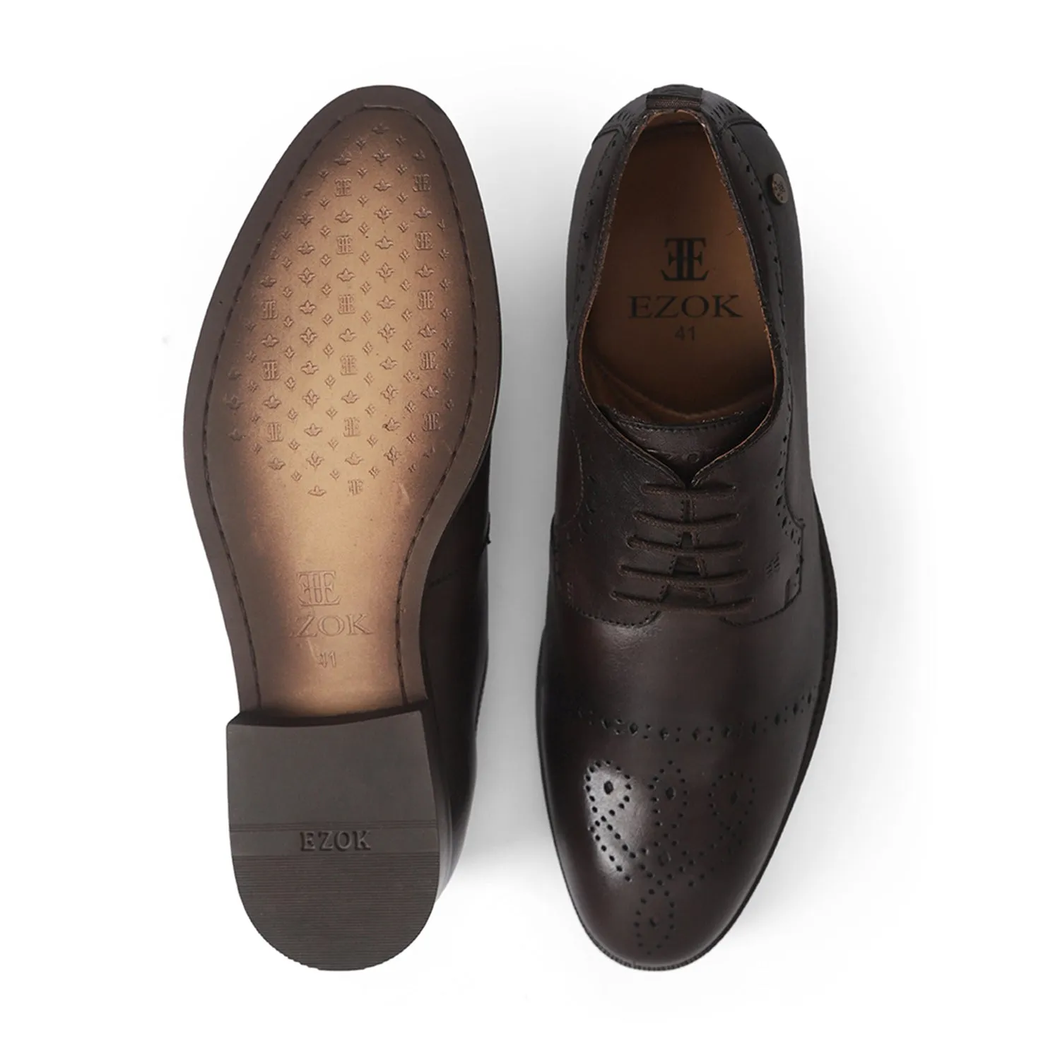 Ezok Men Brown Burnish Finish Perforated Leather Derby Shoes