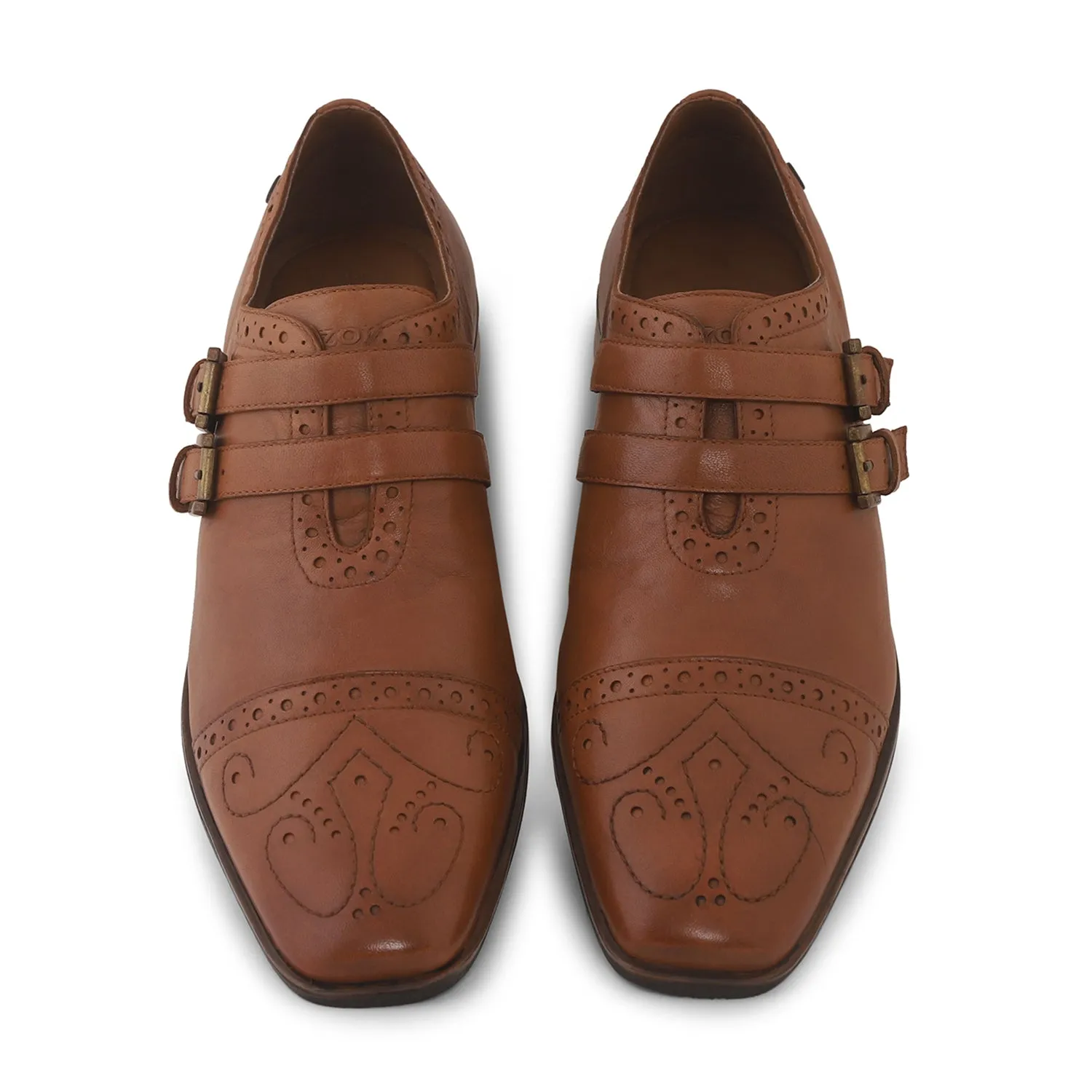 Ezok Men Tan Double Monk Strap Shoes