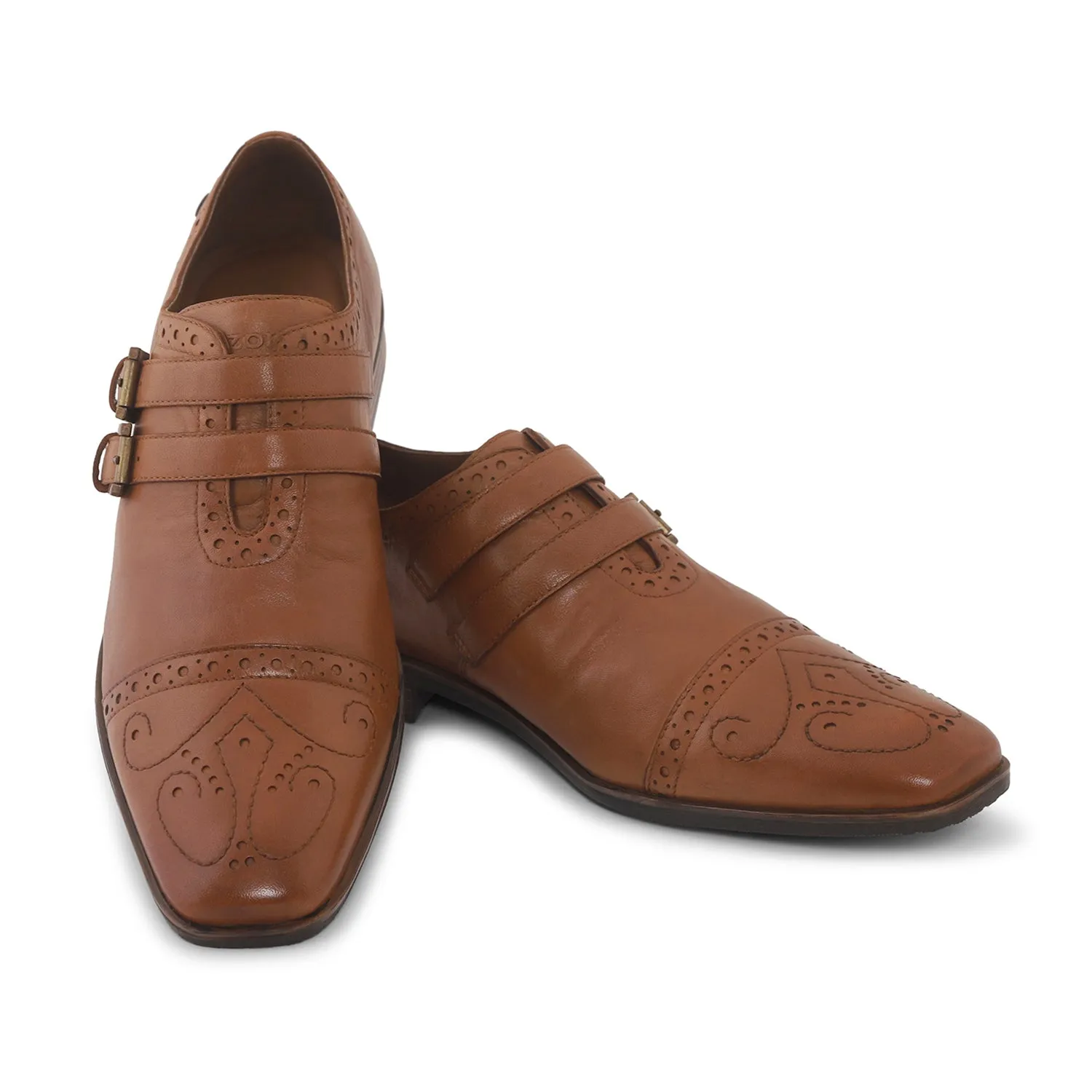 Ezok Men Tan Double Monk Strap Shoes