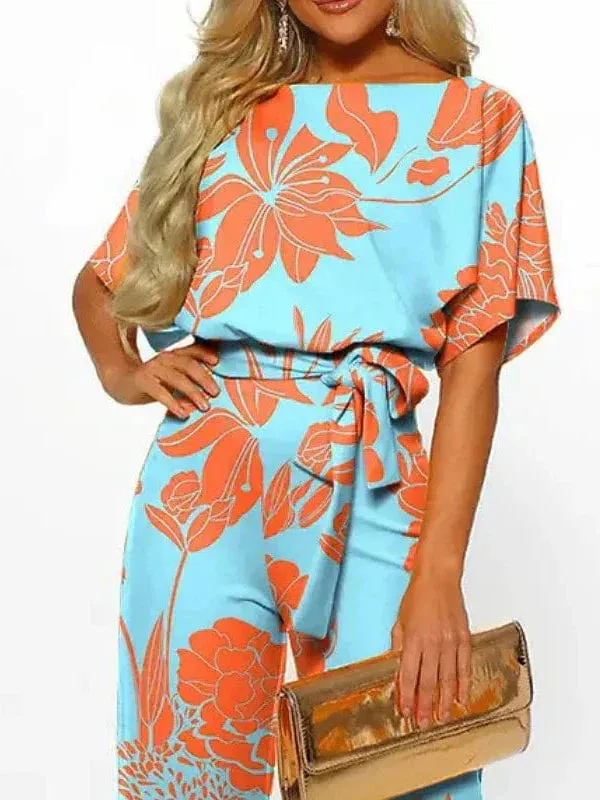 Floral Print Lace Up Jumpsuits for Women - Light Blue