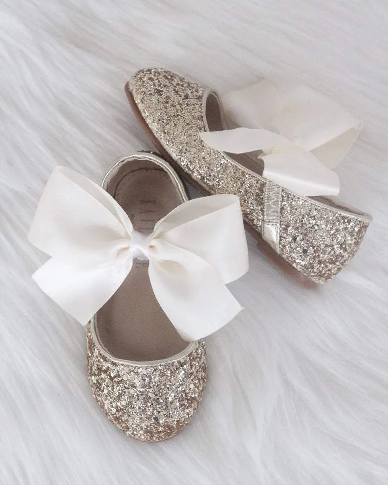 Gold Rock Glitter Maryjane Flats with Satin Bow