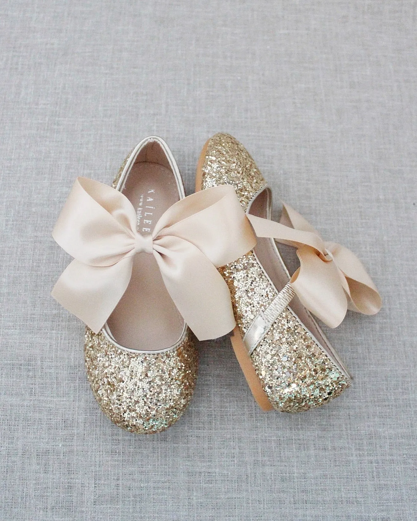 Gold Rock Glitter Maryjane Flats with Satin Bow