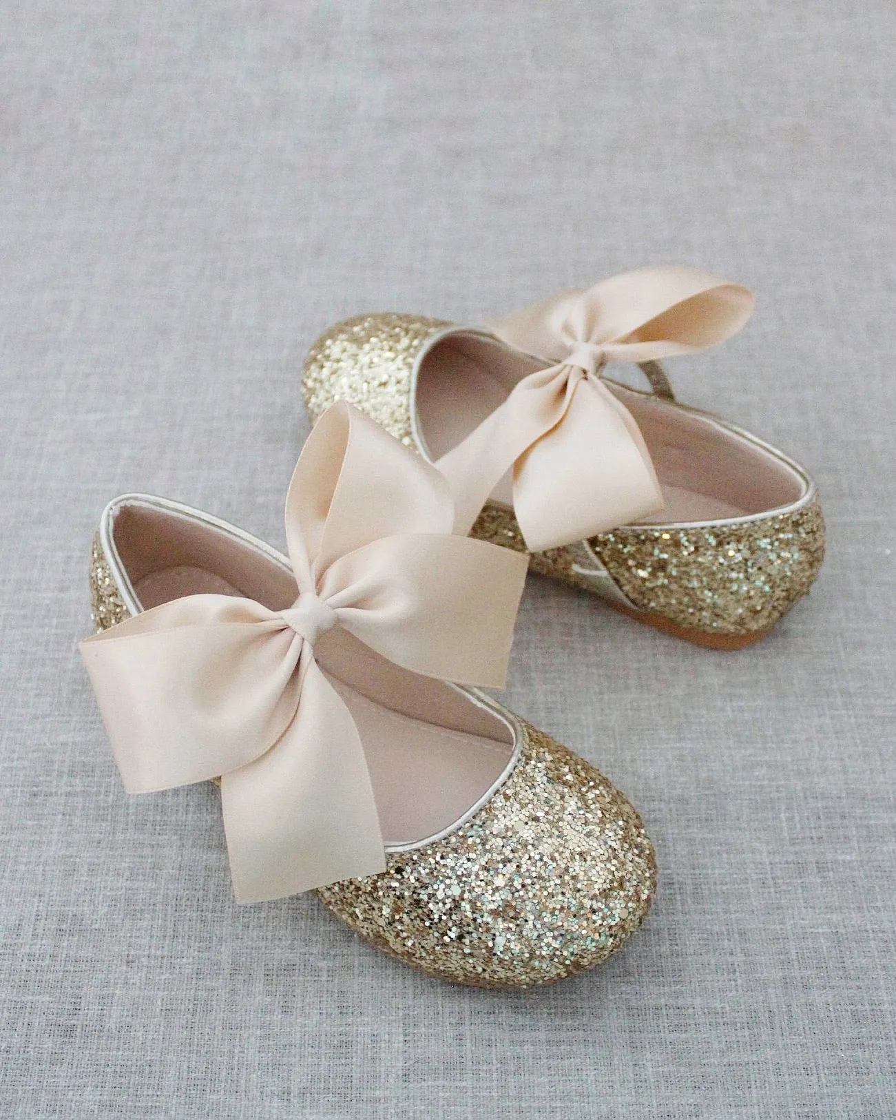 Gold Rock Glitter Maryjane Flats with Satin Bow