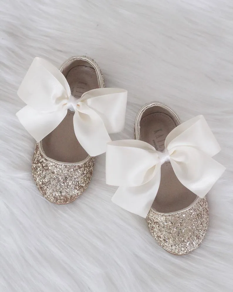 Gold Rock Glitter Maryjane Flats with Satin Bow