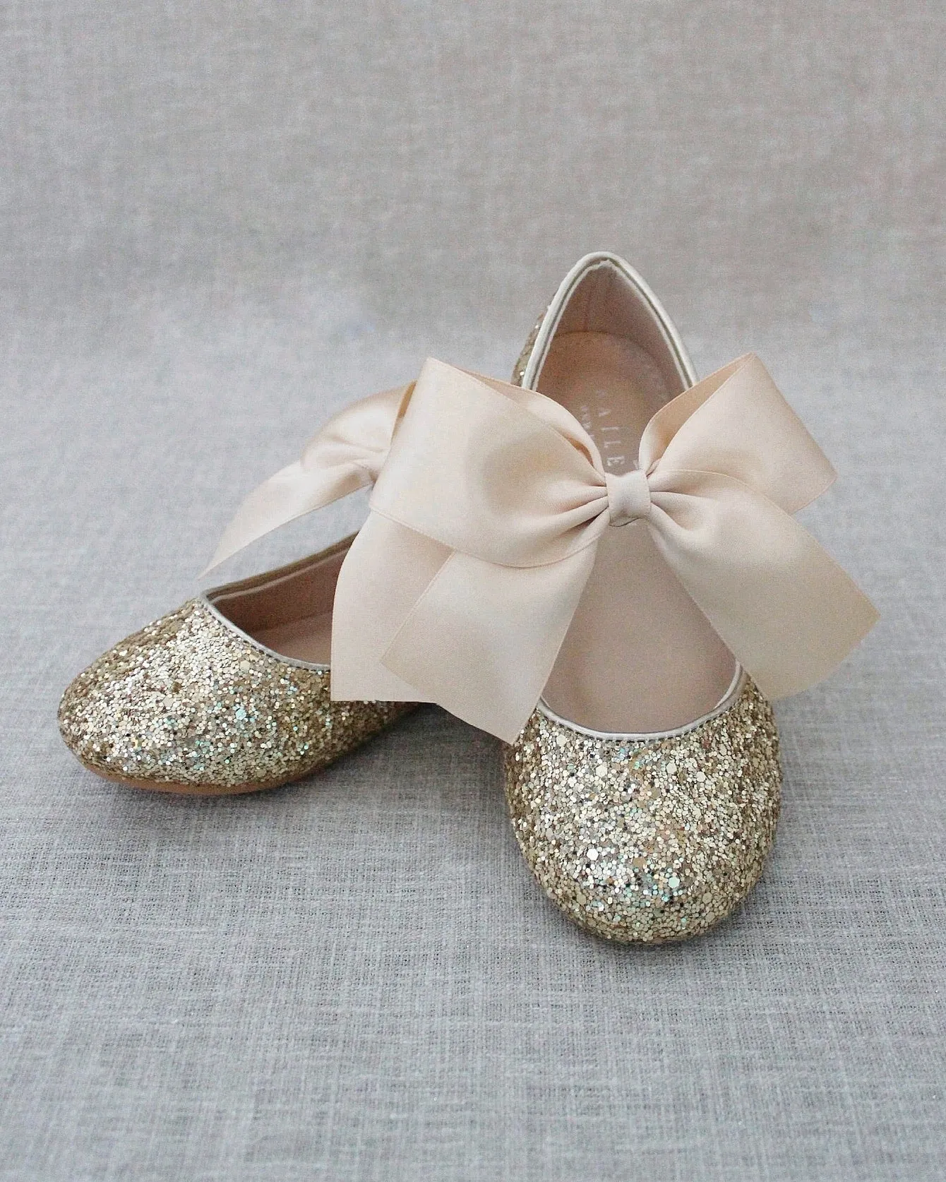 Gold Rock Glitter Maryjane Flats with Satin Bow