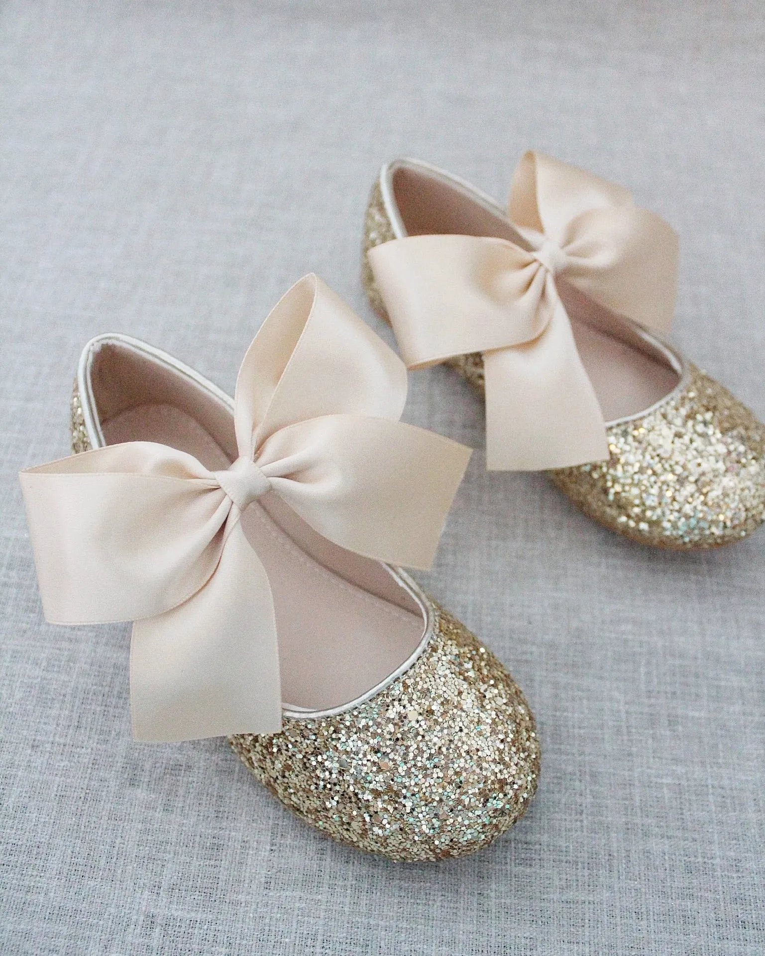 Gold Rock Glitter Maryjane Flats with Satin Bow