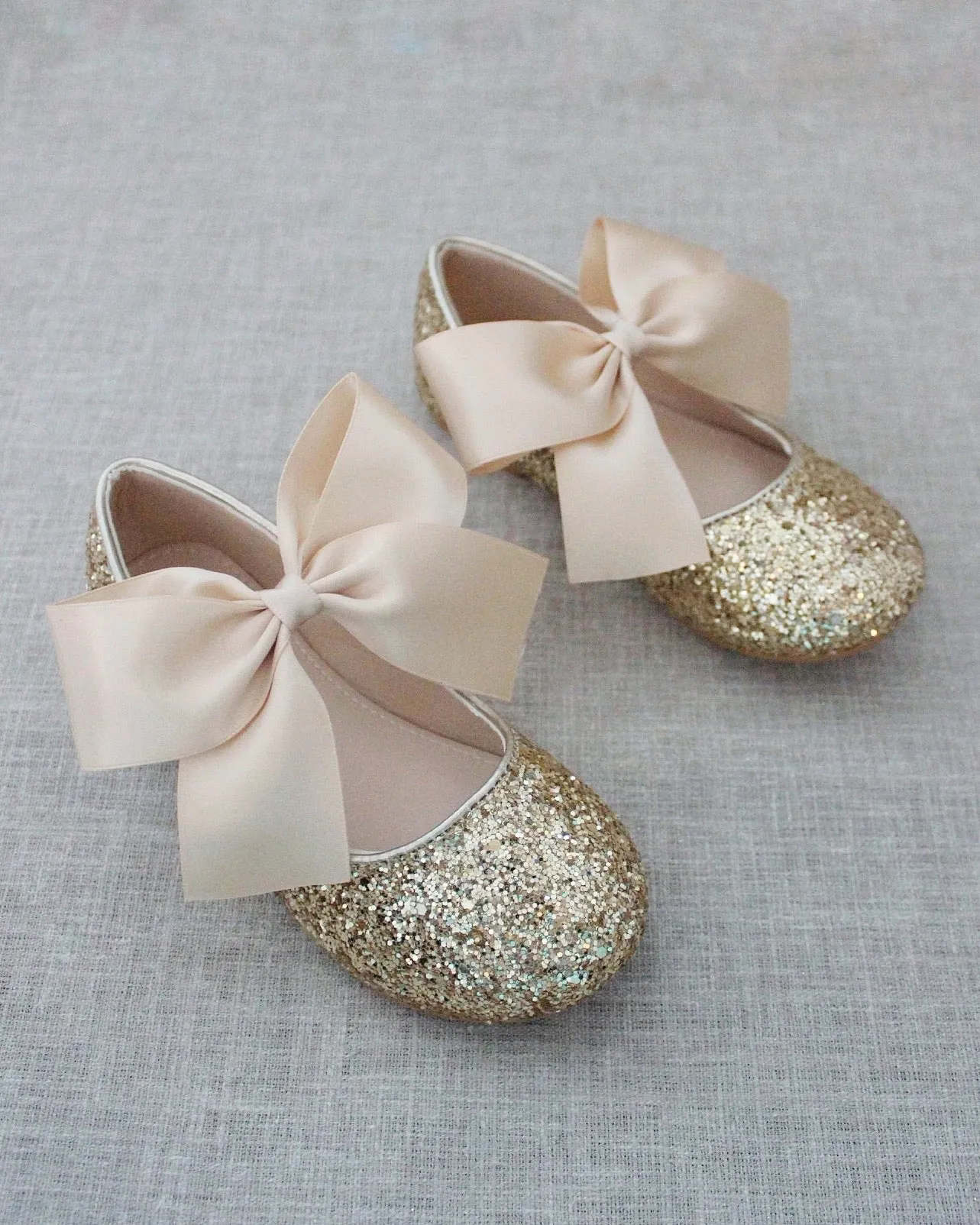 Gold Rock Glitter Maryjane Flats with Satin Bow