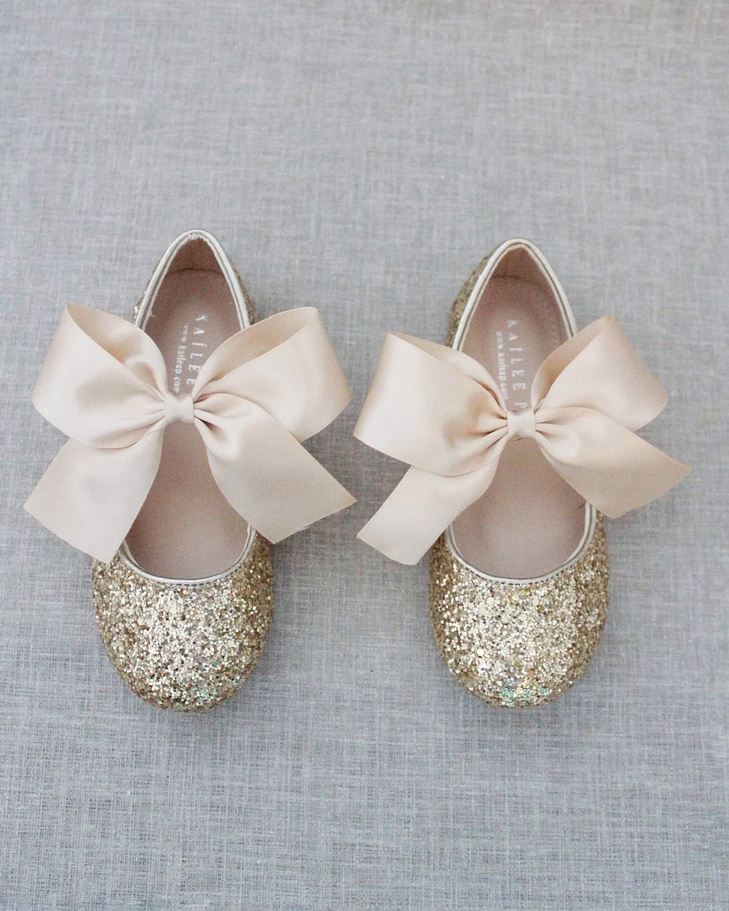 Gold Rock Glitter Maryjane Flats with Satin Bow