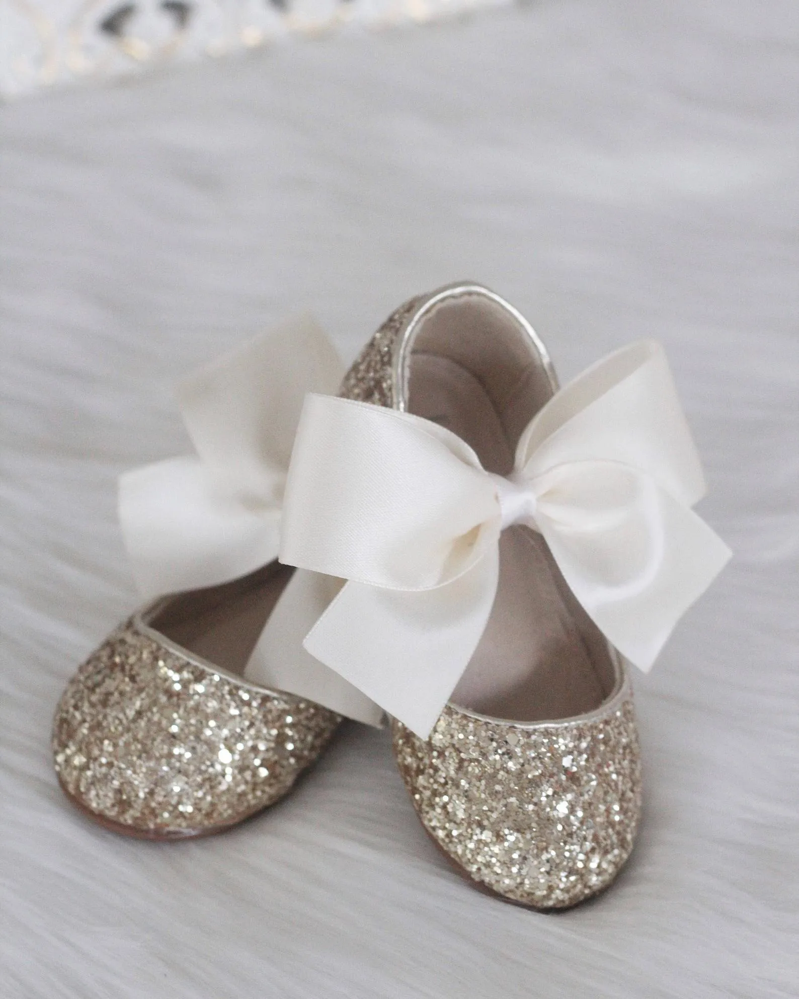 Gold Rock Glitter Maryjane Flats with Satin Bow