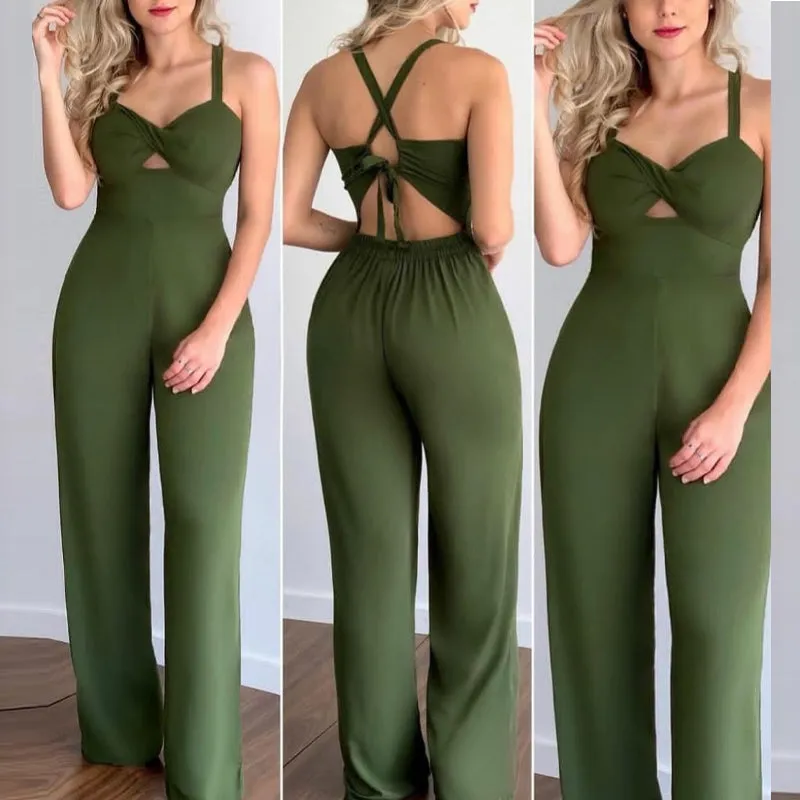 Green Hollow Out Slim Fit Suspender Jumpsuit