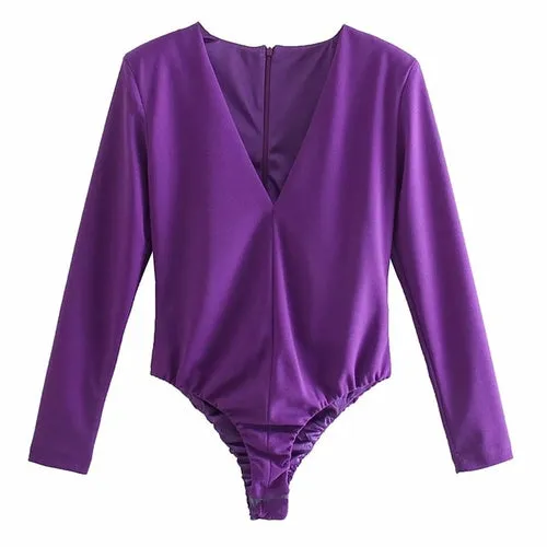 High Street Solid Color Bodysuits Sexy Deep V Neck Long Sleeve Rompers