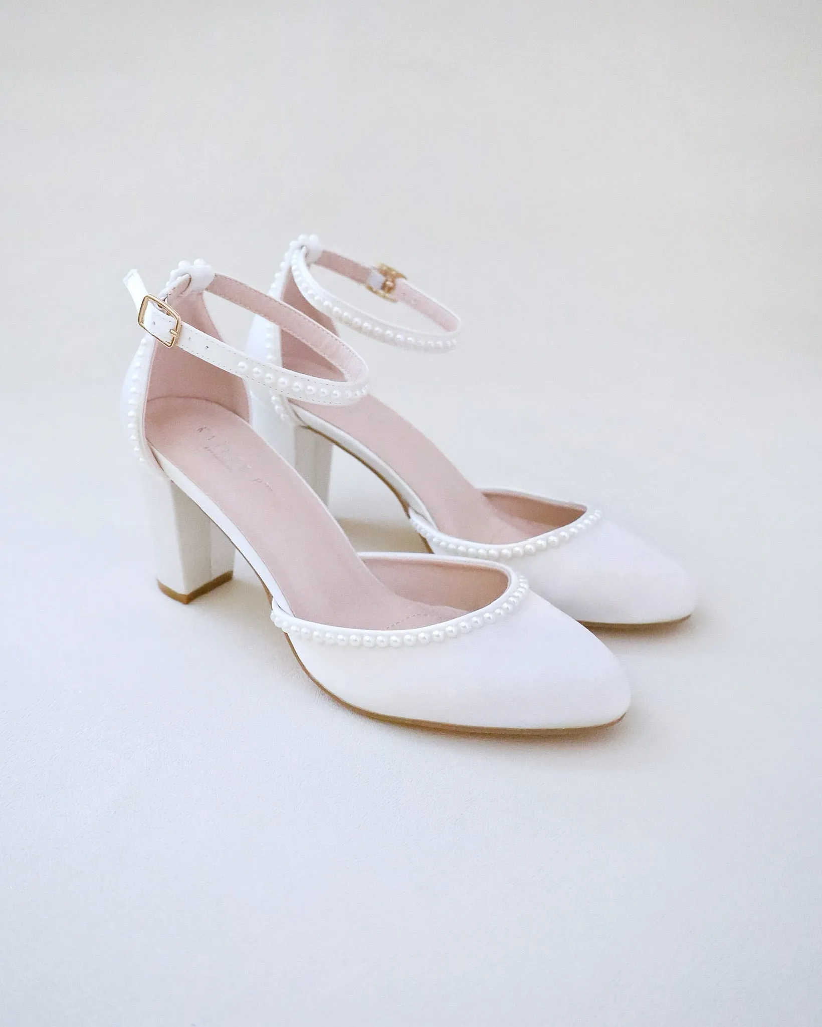 Ivory Satin Block Heel with Mini Pearls