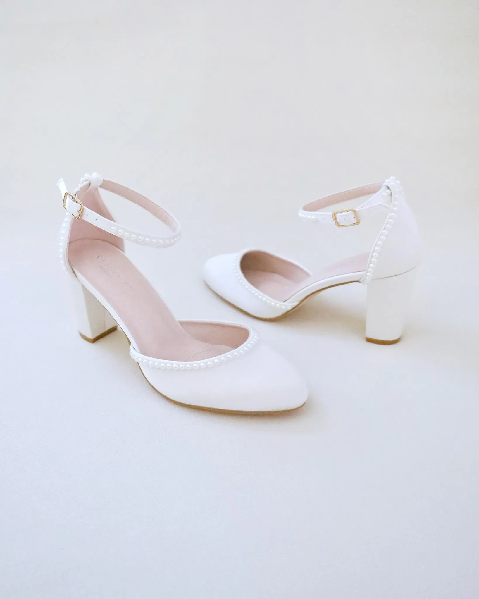 Ivory Satin Block Heel with Mini Pearls