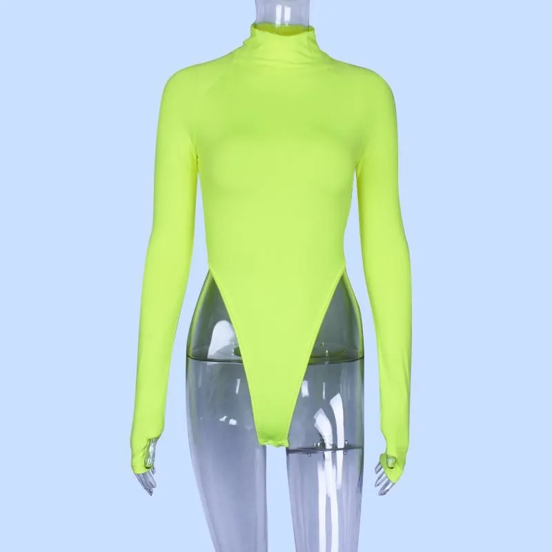 Long Sleeve High Neck Neon Bodycon Sexy Bodysuit