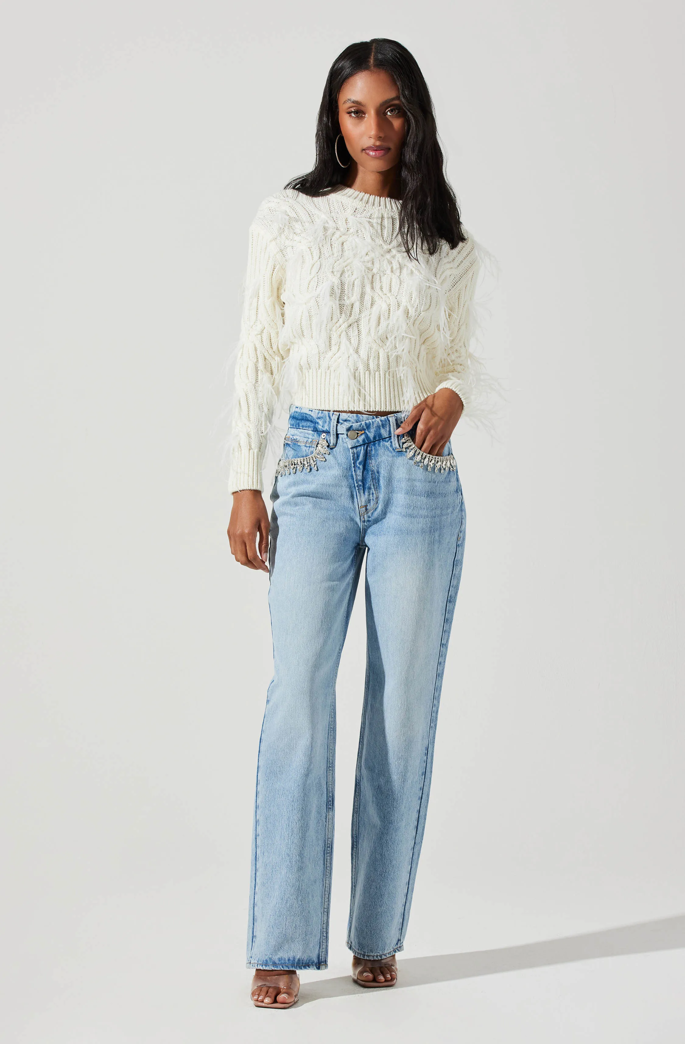 Almeida Feather Embellished Cable Knit Sweater