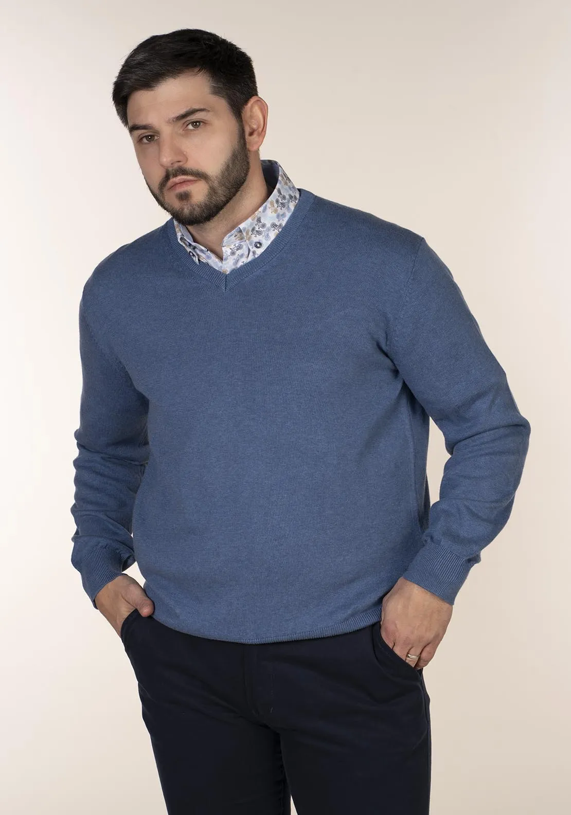 Plain Cotton V Neck Sweaters - Blue