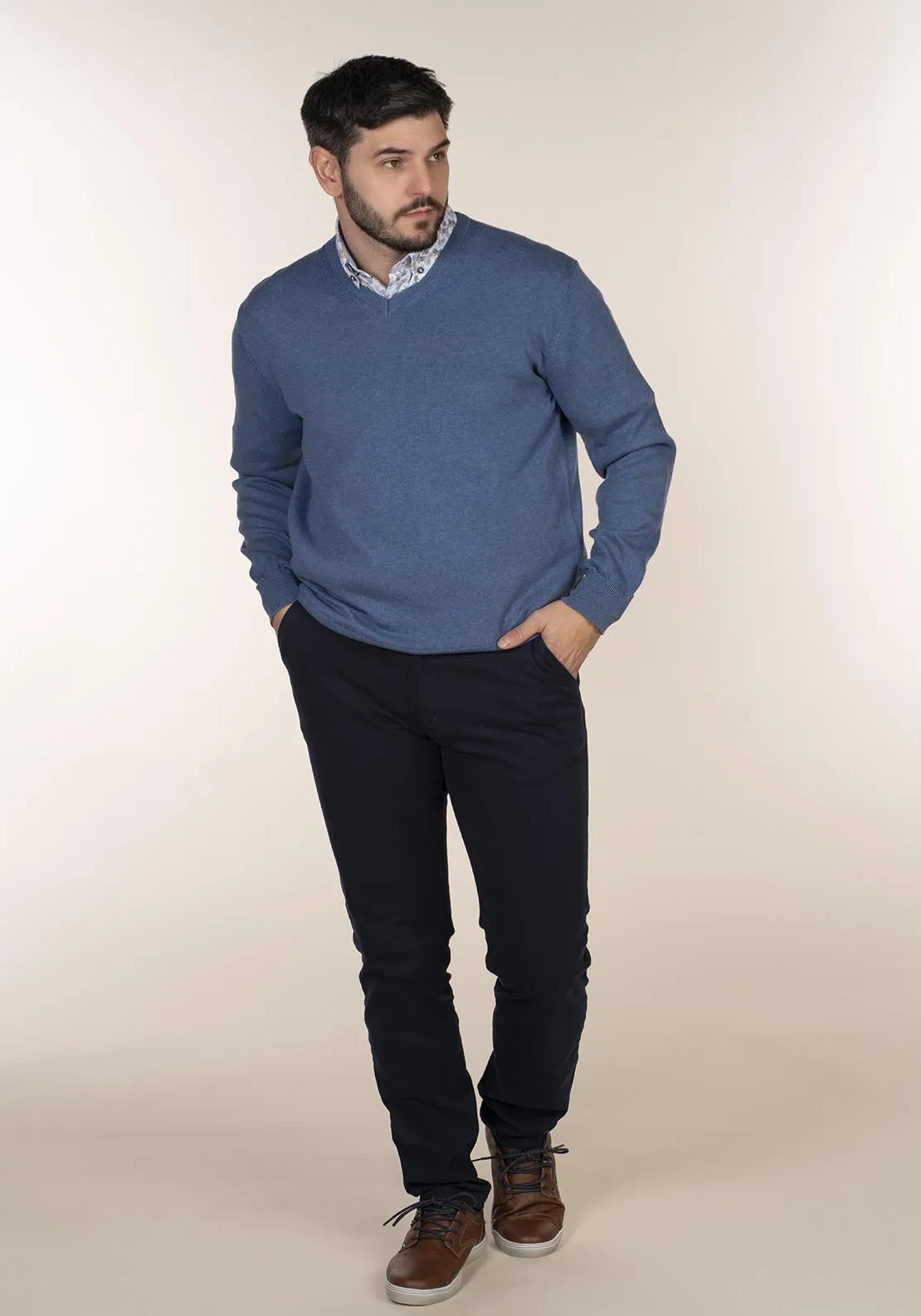 Plain Cotton V Neck Sweaters - Blue